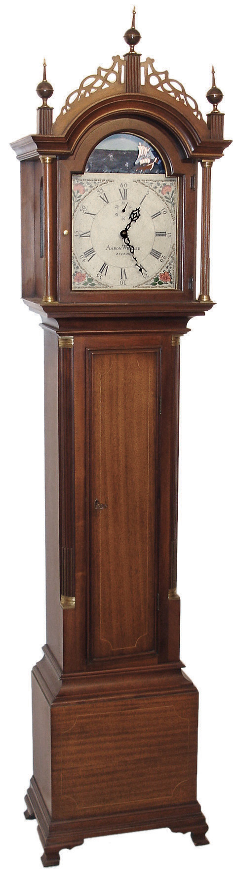 The Henry Ford Museum, Dearborn, Michigan reproduction Aaron Willard tall case clock, 8 days, time, strike and chime, weight driven movement in a mahogany case with rocking ship dial, c1970 — Antique Clocks Price Guide