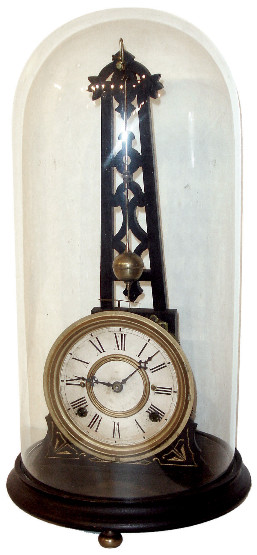 F. Kroeber & Co., New York, N.Y., ÒNoiseless Rotary No. 1Ó derrick form shelf clock, 8 days, time and strike, spring driven movement with rotary pendulum in an ebonized wooden case with gold highlights and dome with a papered metal dial, c1882 — Antique Clocks Price Guide