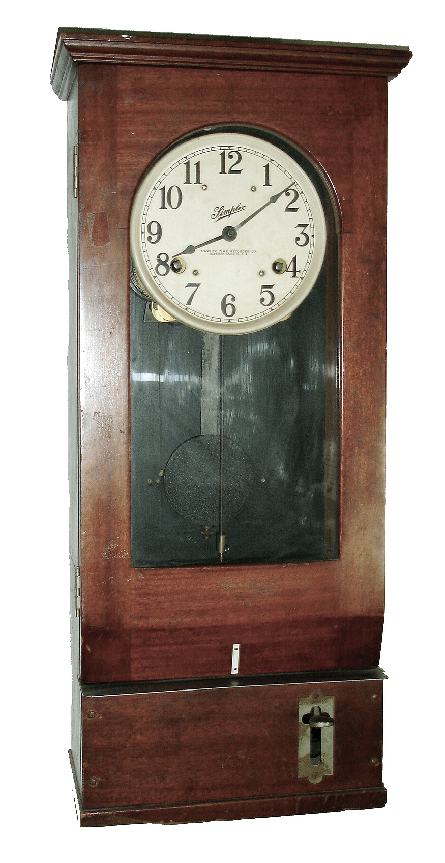 Simplex Time Recorder Co., Gardner, Mass., Model TC-10-R3 mahogany hanging time clock, c1935 — Antique Clocks Price Guide