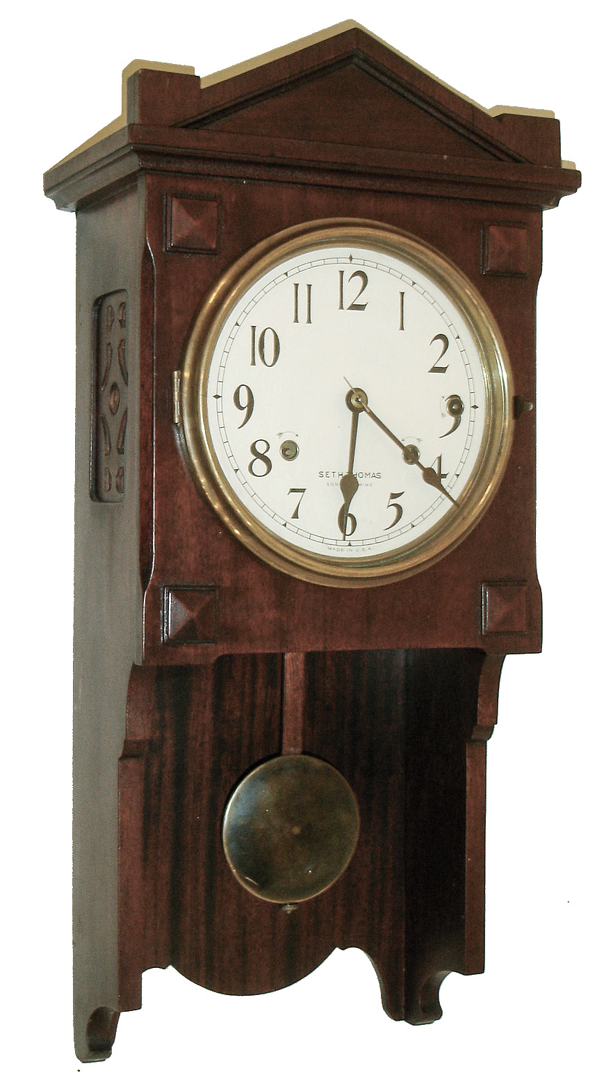 Seth Thomas Clock Co., Thomaston, Conn., ÓCHIME CLOCK No. 101Ò, hanging 4-bell Sonora chime in Arts & Crafts style mahogany case, c1914. — Antique Clocks Price Guide