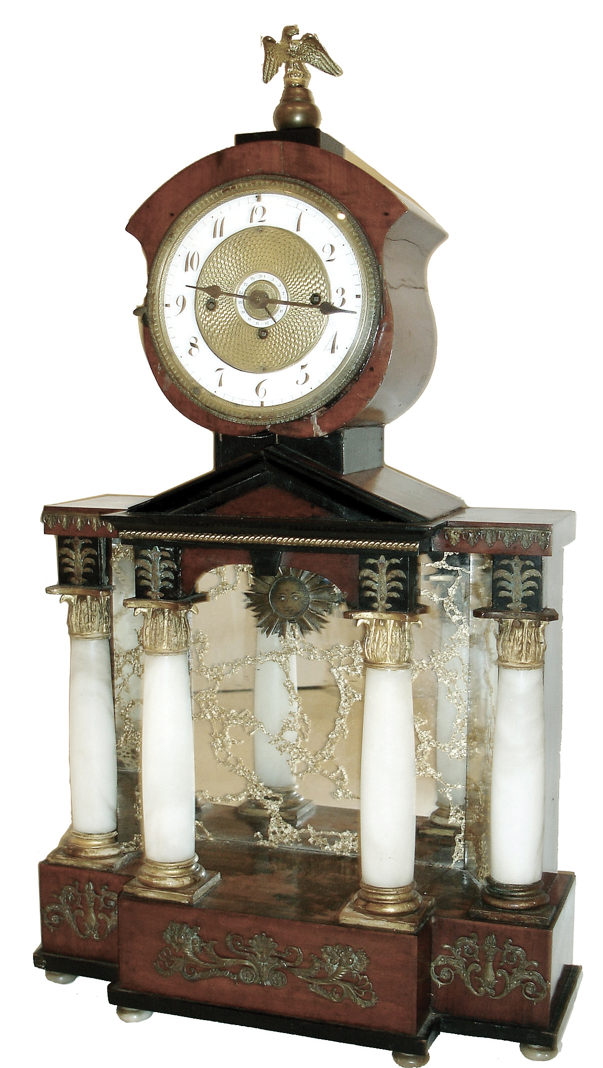 Austrian, grand sonnerie shelf clock, 2 days, spring driven movement with 31 days calendar in an architectural walnut and mirror case with white enamel dial and engine turned brass dial center, c1840 — Antique Clocks Price Guide