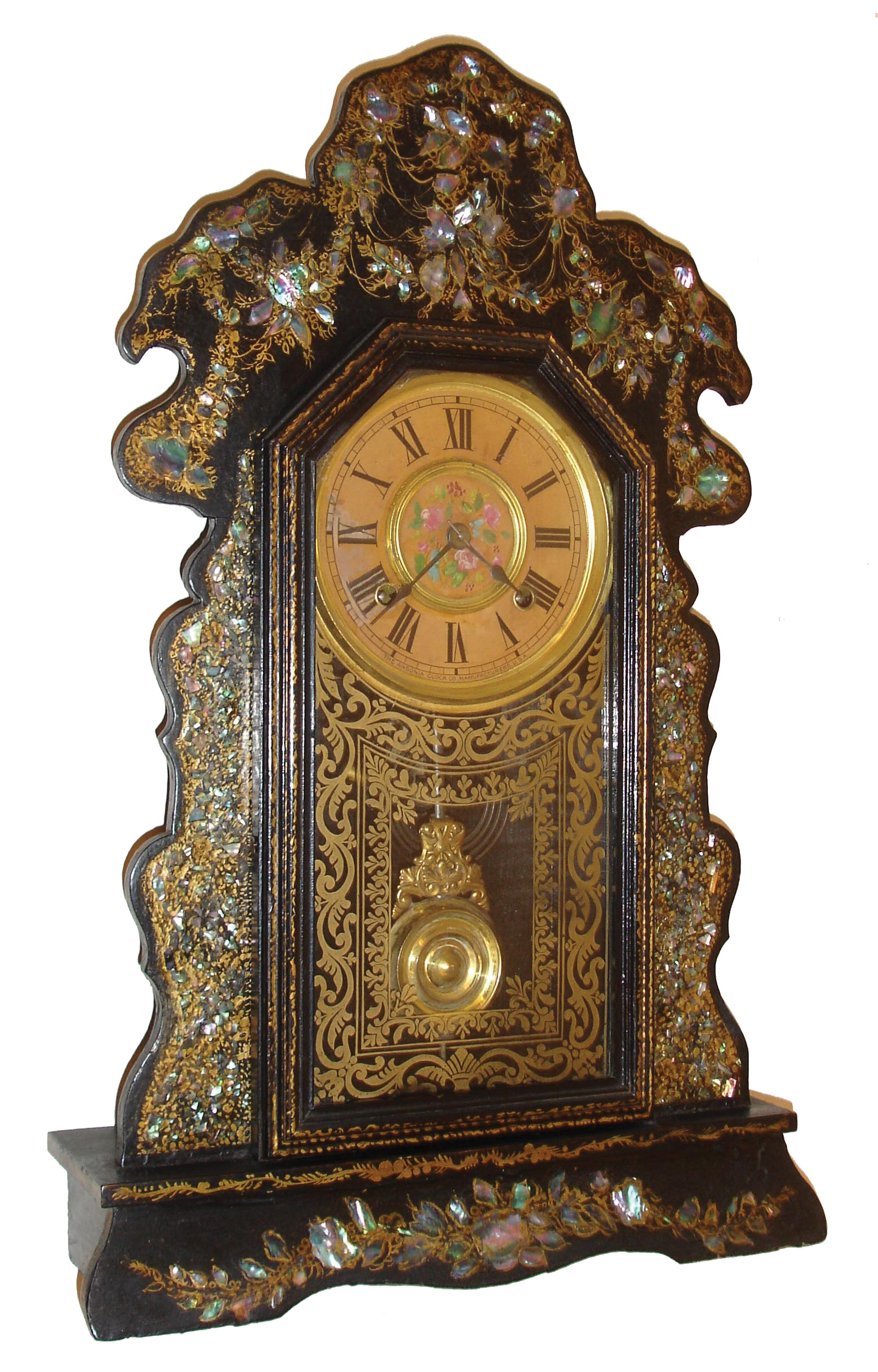 Ansonia Clock Co., New York, NY, ÒKitchenÓ shelf clock with a spring driven, 8 days, time and half hour strike movement in a highly decorated mother of pearl wooden case, c1914. — Antique Clocks Price Guide