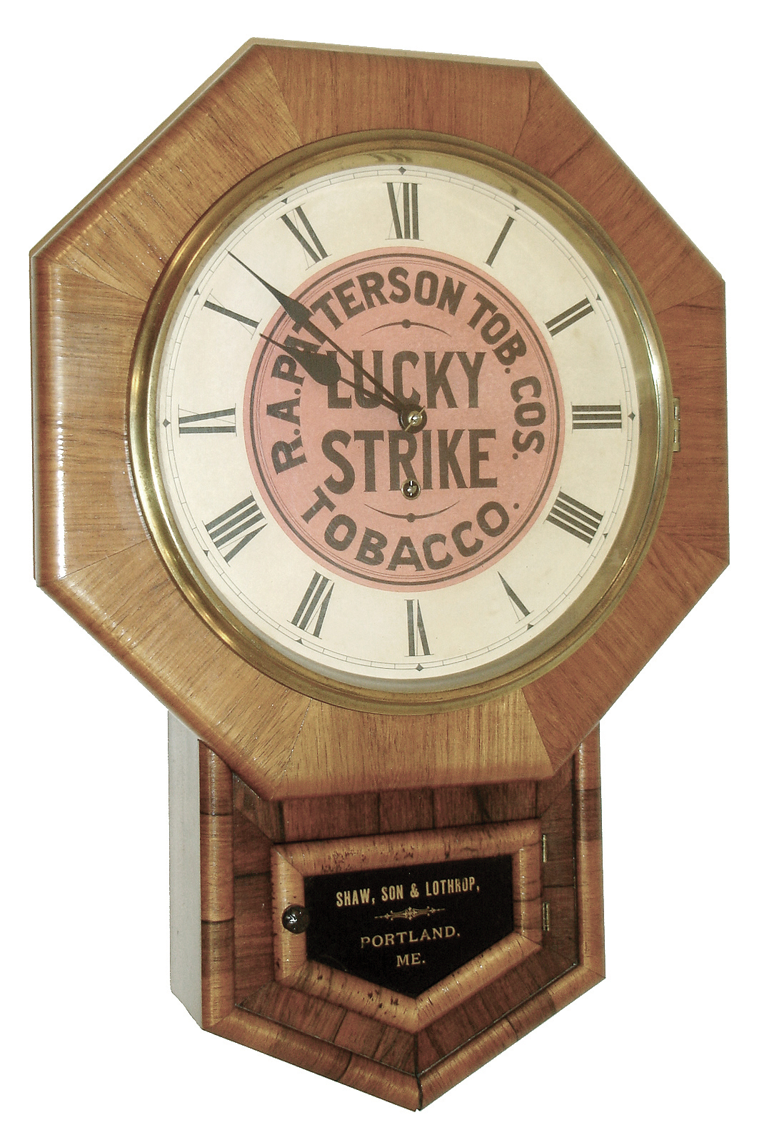 New Haven Clock Co., LUCKY STRIKE advertising clock, 8 days, spring, time only, with gold leaf tablet for ÒShaw, Son & Lothrop, Portland, MEÓ c1900 — Antique Clocks Price Guide