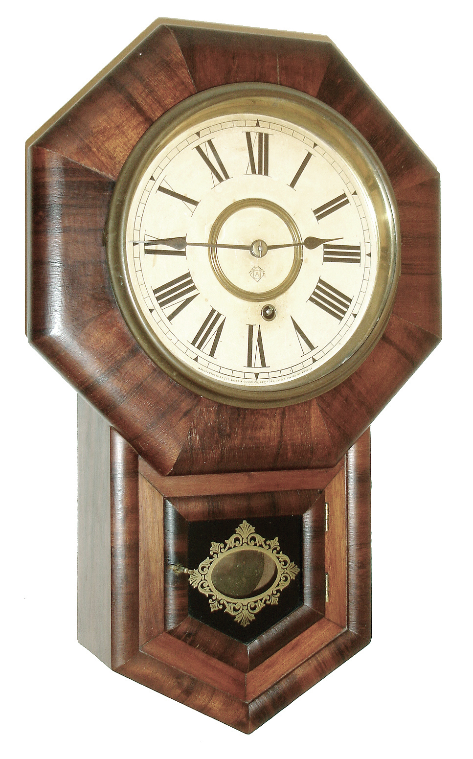 Ansonia Clock Co., New York, mini 8Ó dial drop octagon school clock, in attractive mahogany case, c1901 — Antique Clocks Price Guide
