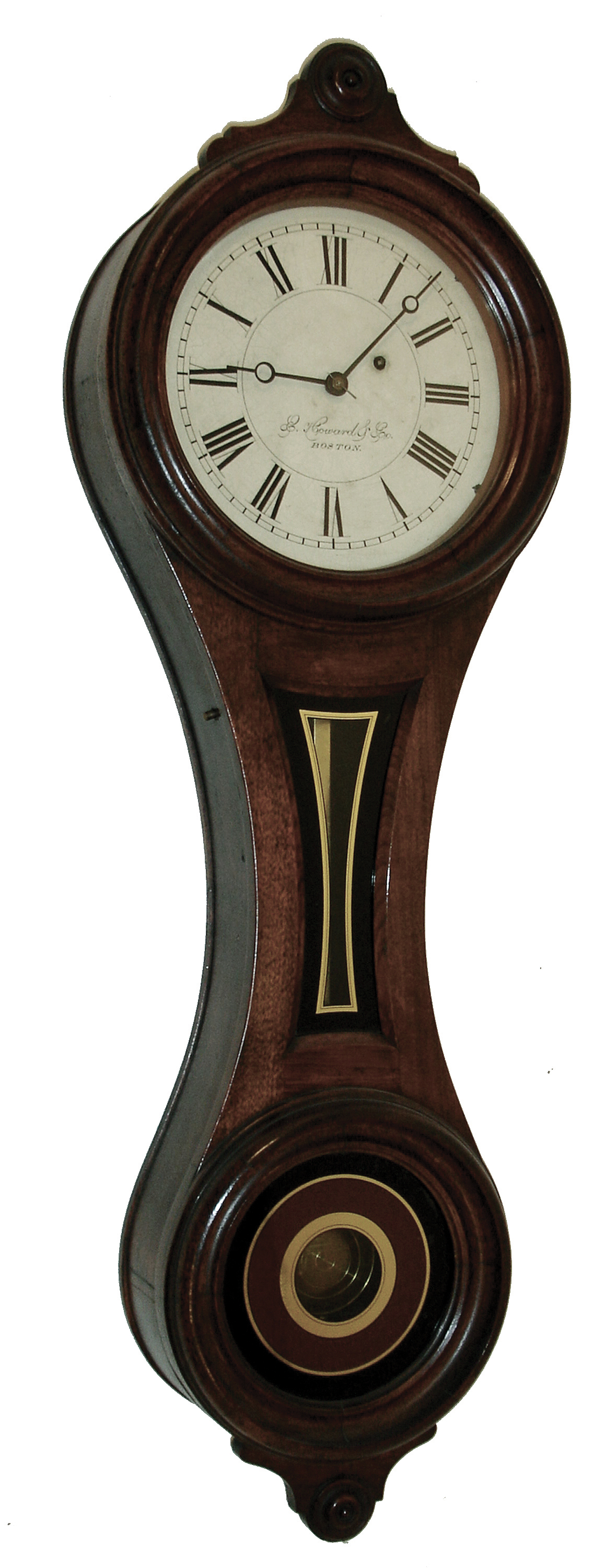 E. Howard & Co., Boston, Mass., ÒNo. 9 RegulatorÓ figure eight wall clock timepiece, black walnut case, 8Ò chapter ring, c1885 — Antique Clocks Price Guide