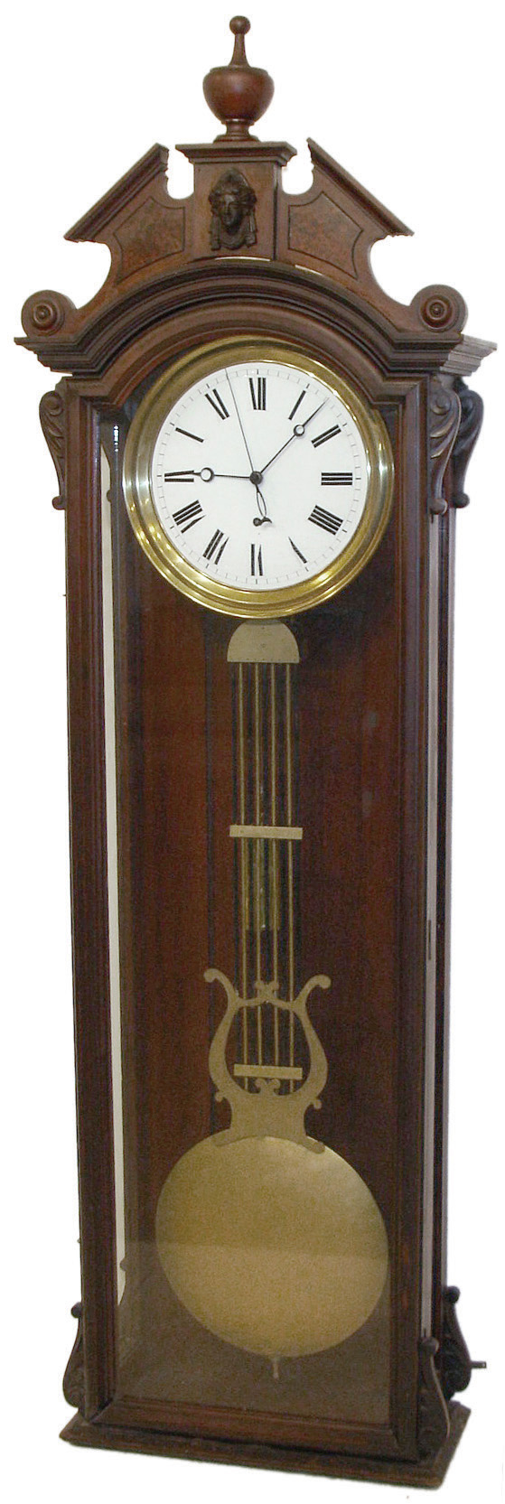 F. Kroeber & Co., New York, N.Y., ÓSwiss Regulator No. 22Ò, wall clock, 8 days, time only, brass, weight driven, Swiss made movement with pinwheel escapement and center sweep seconds in a mahogany case with burled highlights on crest and Jenny Lind casting with a white enamel dial, c1880 — Antique Clocks Price Guide