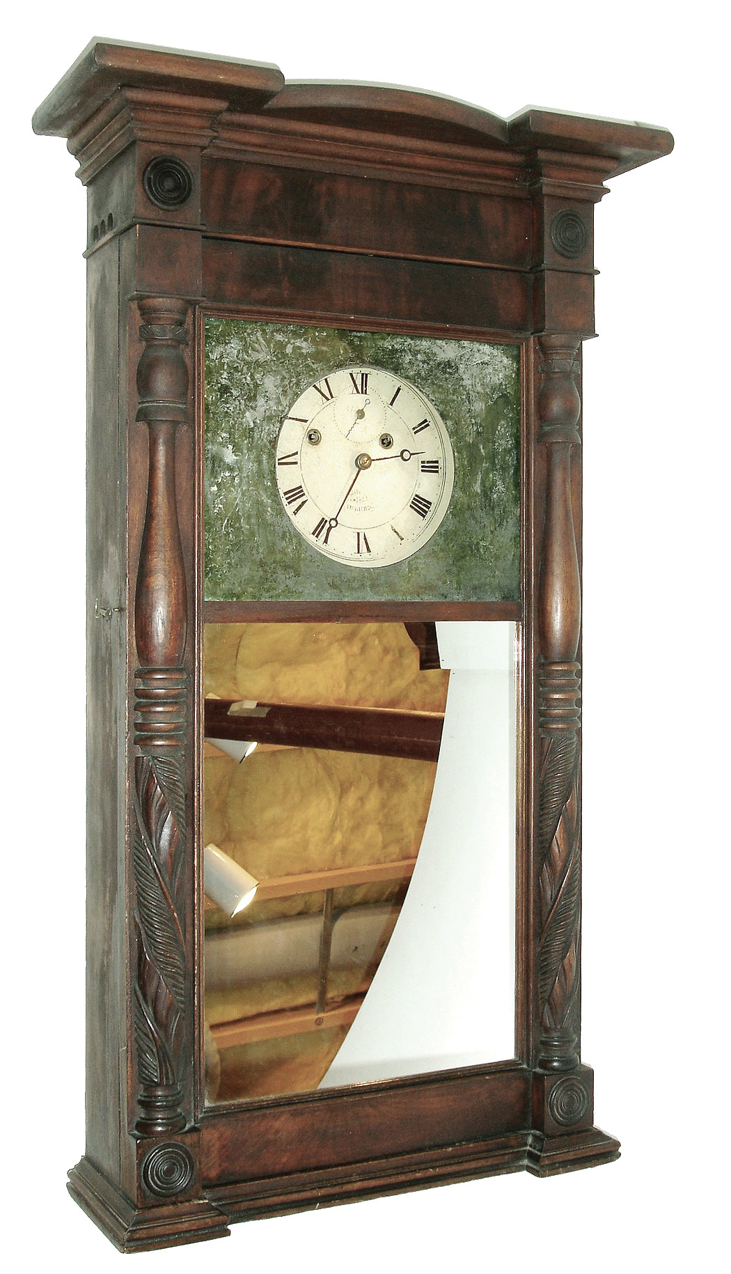 Asa Munger, Auburn, NY so-called ÓIroning Board TopÒ Empire carved column shelf clock with 8 days, weight driven, time and strike, movement in a butternut case with mahogany veneer, c1830. — Antique Clocks Price Guide