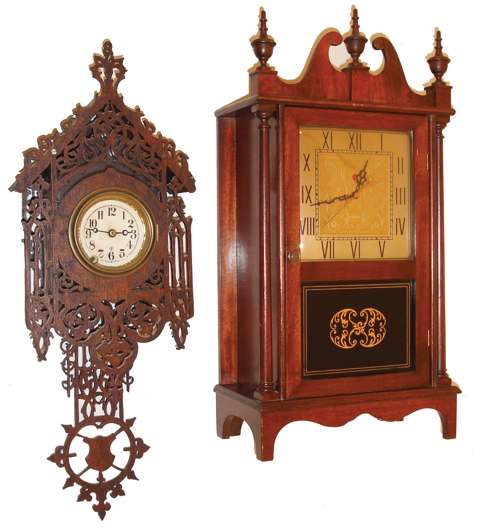 Clocks- 3 (Three): (1) 30 hours, spring brass movement fretwork wall timepiece. (2) Nutone Corporation, Cincinnati, OH, Electric clock and door bell in the form of a Pillar & Scroll shelf clock; (3) Seth Thomas Clock Co., Thomaston, Conn., ÒColumnÓ model 8 days, time and strike, spring-driven miniature Empire shelf clock, c1870 — Antique Clocks Price Guide