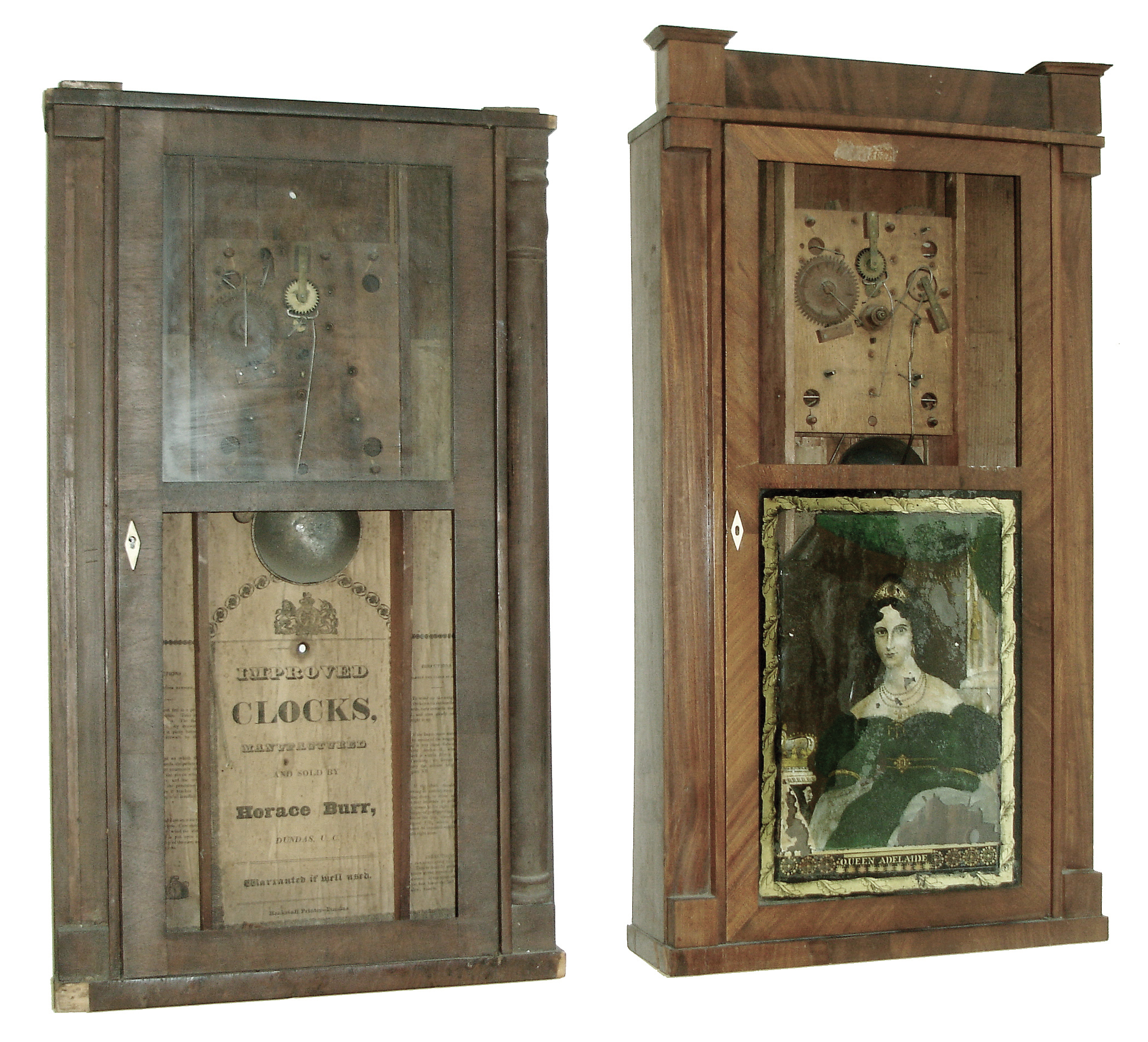 Clocks- 5 (Five): (1) Horace Burr, Dundas, UC, Canada, 30 hours, time and strike, weight wood movement shelf clock, c1835; (2) Atkins & Downs for G. Mitchell & R. Atkins, Bristol, Conn., 30 hours, time, strike & alarm, 30 hours, wood movement shelf clock, c1830; (3) R(ansom) Blackslee, Jr., Plymouth, Conn., ÒDavies Patent LeverÓ 30 hours, time and strike, weight brass movement, shelf clock, c1850; (4) Seth Thomas, Thomaston, Conn., 30 hours, time and strike, weight brass movement, column shelf clock, c1870; (5) Waterbury Clock Co., Waterbury, Conn.. 30 hours, time and strike, weight brass movement, OG shelf clock, c1875. — Antique Clocks Price Guide