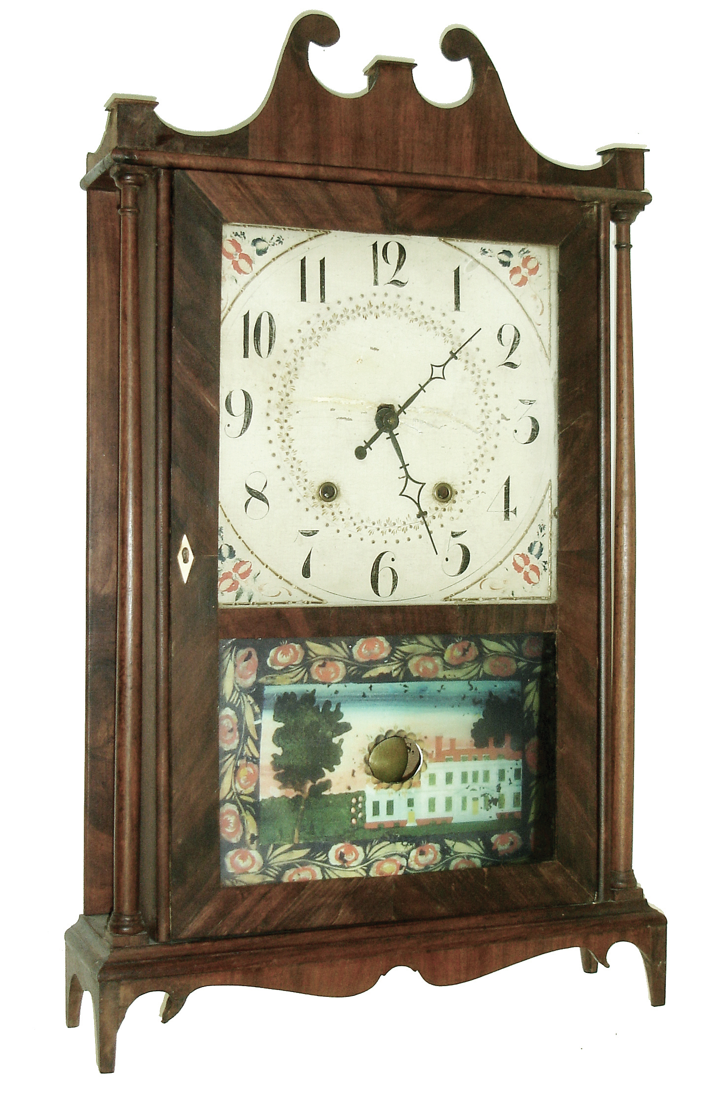 E. Terry & Sons, Plymouth, Conn., Pillar & Scroll, 30 hours, time and strike, weight driven movement, mahogany veneer case shelf clock, c1825;. — Antique Clocks Price Guide