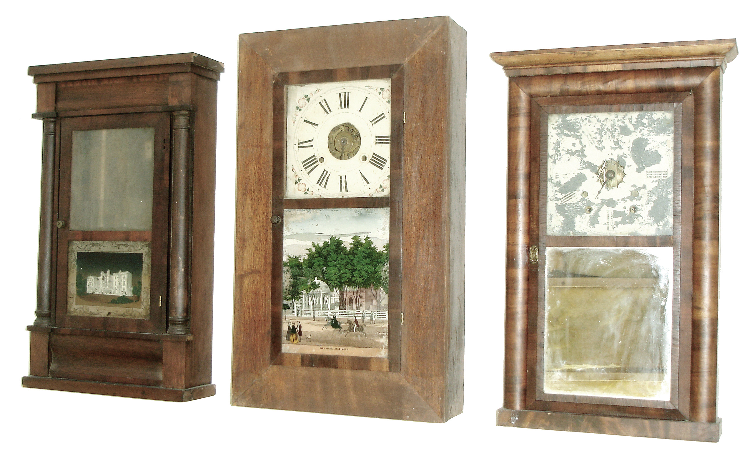 Clocks- 6 (Six): (1) Seth Thomas for J. M. Patterson, Hamilton, Canada, West OG column shelf clock, c155; (2) Russell Judson, Bristol, Conn. 30-hour Iron back plate movement shelf clock, c145; (3) Atkins & Porter, Bristol, Conn., 30-hour, time and strike, brass movement OG shelf clock, c145; (4) Unknown, 30-hour, time and strike, brass movement 4-column OG shelf clock, c145. (5) Chauncey Jerome, New Haven, Conn., 30-hour, time and strike, brass movement column & cornice shelf clock, c1850. (6) Jerome & Co., New Haven, Conn., 30-hour, time, strike and alarm, brass movement shelf clock. — Antique Clocks Price Guide
