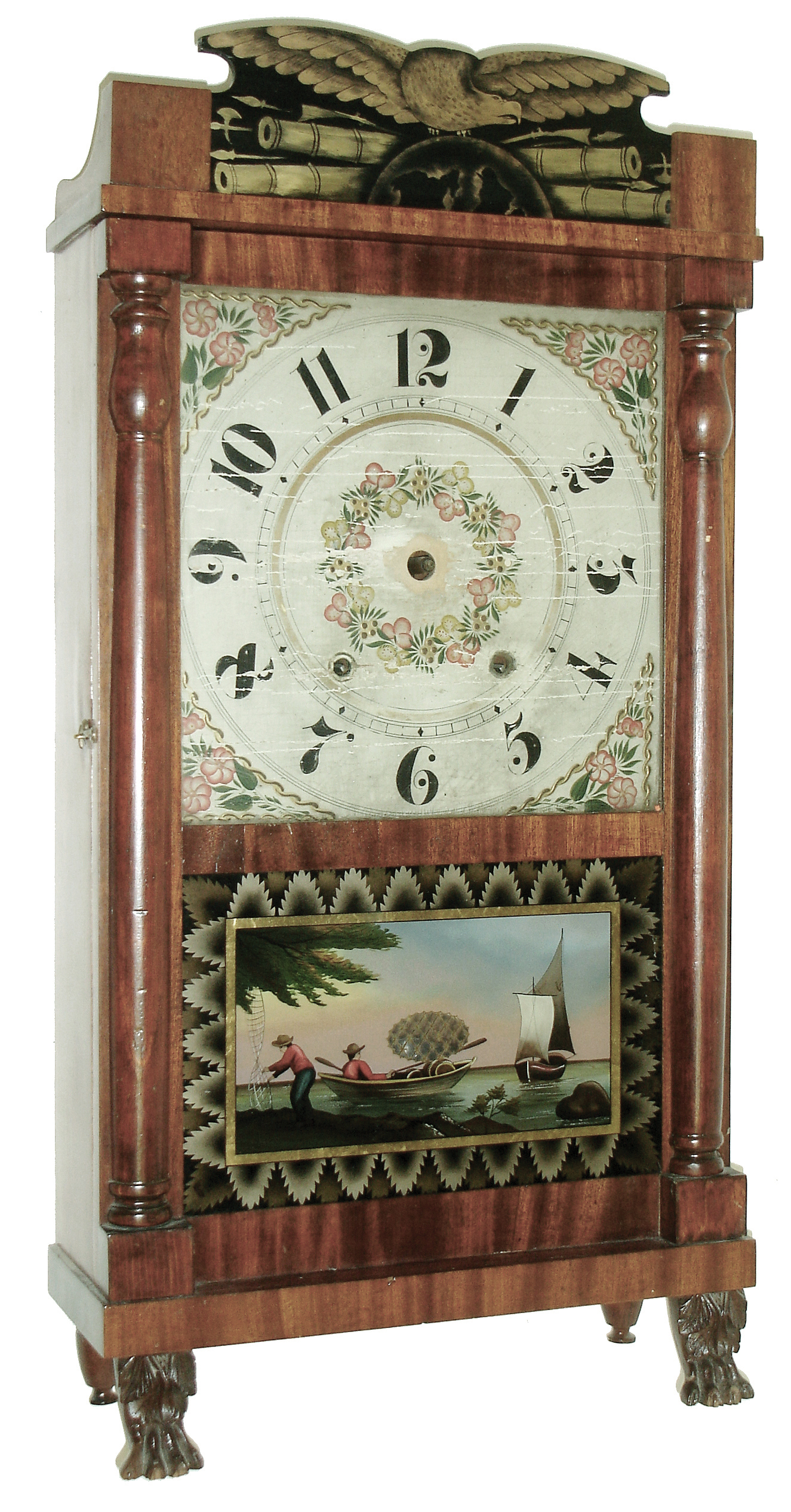 E. & G. W. Bartholomew, Bristol, Conn., Short Half Column and Splat, shelf clock, 30 hours, time and strike, weight driven movement, mahogany veneer case, c1833. — Antique Clocks Price Guide