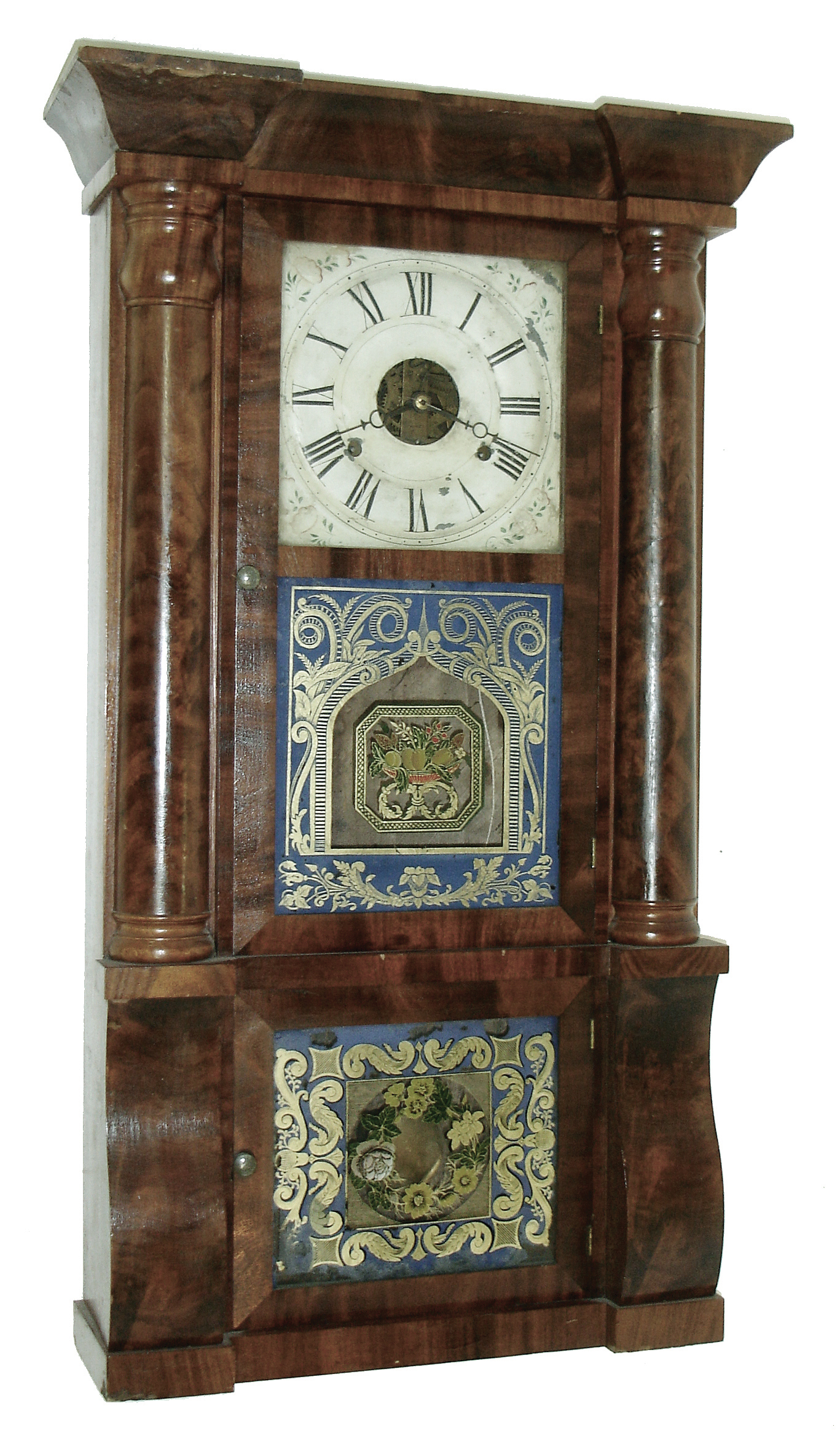 Seth Thomas Clock Co., Plymouth Hollow, Conn., ÒRose ColumnÓ and cornice shelf clock, 8 days, time and strike, weight driven movement, mahogany veneer case, c1860. — Antique Clocks Price Guide