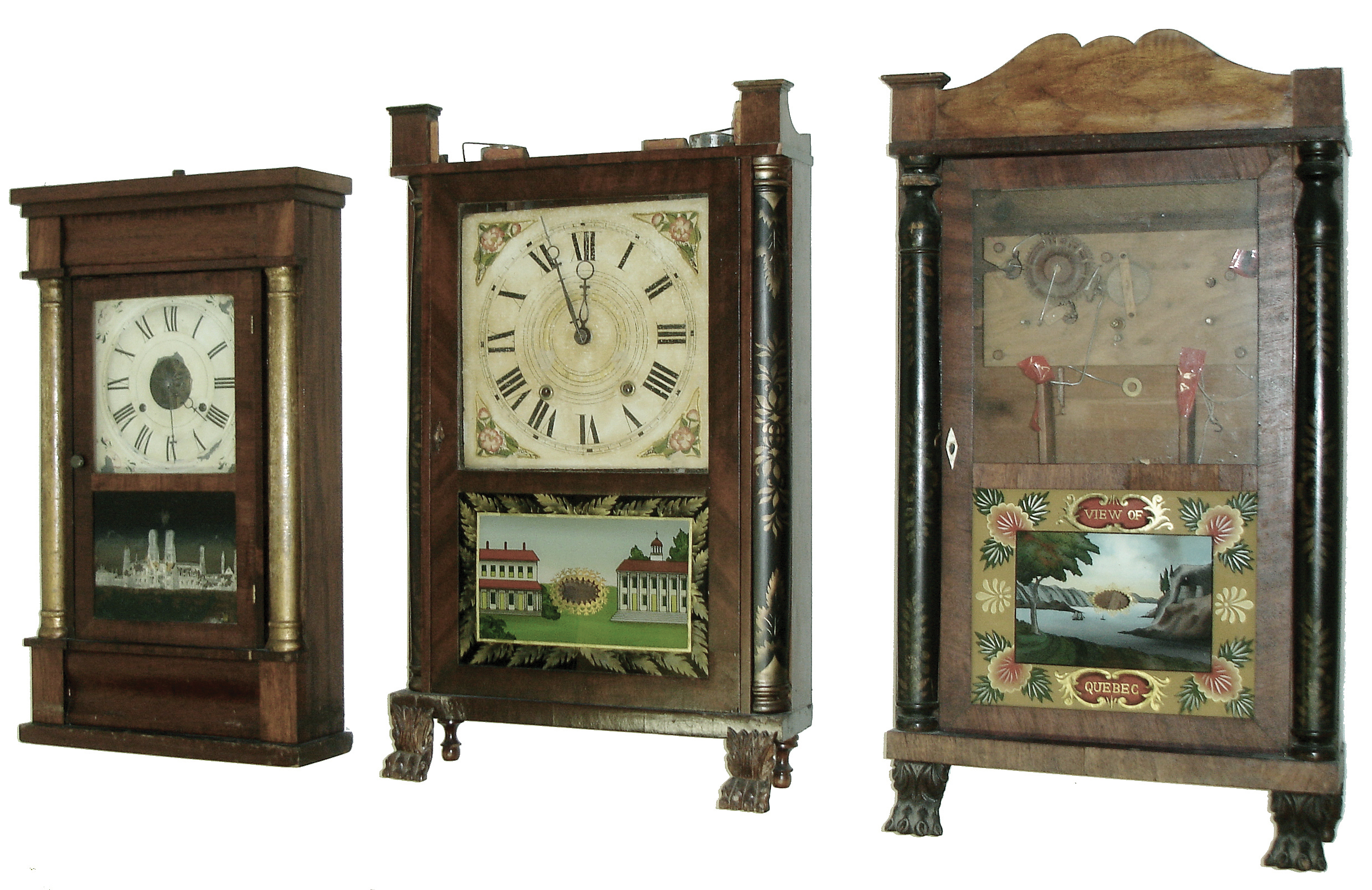 Clocks- 5 (Five): (1) Unknown, 30 hours, time and strike, weight wood Torrington movement, half column & splat shelf clock with carved paw feet; (2) Seth Thomas, Plymouth Hollow, Conn., 30 hours, time and strike, weight brass movement half column and OG shelf clock, c1850; (3) Mark Leavenworth, Waterbury, Conn., 30 hours, time and strike, weight wood movement, half column & splat shelf clock, c134; (4) E. Terry & Sons, Plymouth, Conn., 30 hours, time and strike, weight wood movement quarter column & splat shelf clock with carved paw feet; (5) Samuel Terry, Bristol, Conn., 8 days, time and strike, weight wood movement, half column & splat shelf clock, c1830. — Antique Clocks Price Guide