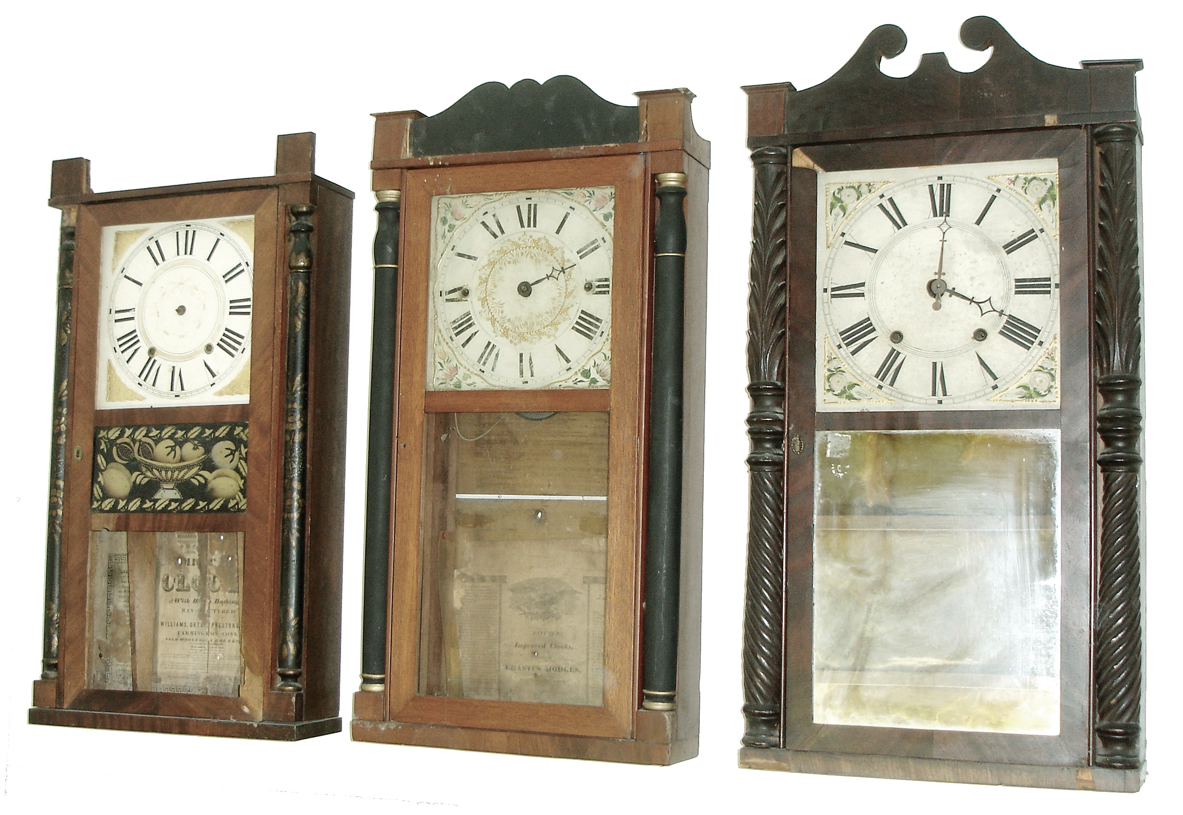 Clocks- 5 (Five): (1) Erastus Hodges, Torrington, Conn., 30 hours, time and strike, weight wood movement half column & splat shelf clock, c135. (2) Solomon Stow, Southington, Conn., 30 hours, time and strike, weight wood movement half column & splat shelf clock, c135. (3) Williams, Orton, PrestonÕs & Co., Farmington, Conn., 30 hours, time and strike, weight wood movement half column & splat shelf clock, c1840. (4) M. & E. Blakeslee, Plymouth, Conn., 30 hours, time and strike, weight wood movement carved half columns and scroll top shelf clock, c132. (5) Forbes & Tucker, Concord, NH, 30 hours, time, strike and alarm, weight wood movement column and splat shelf clock, dated 1841. — Antique Clocks Price Guide