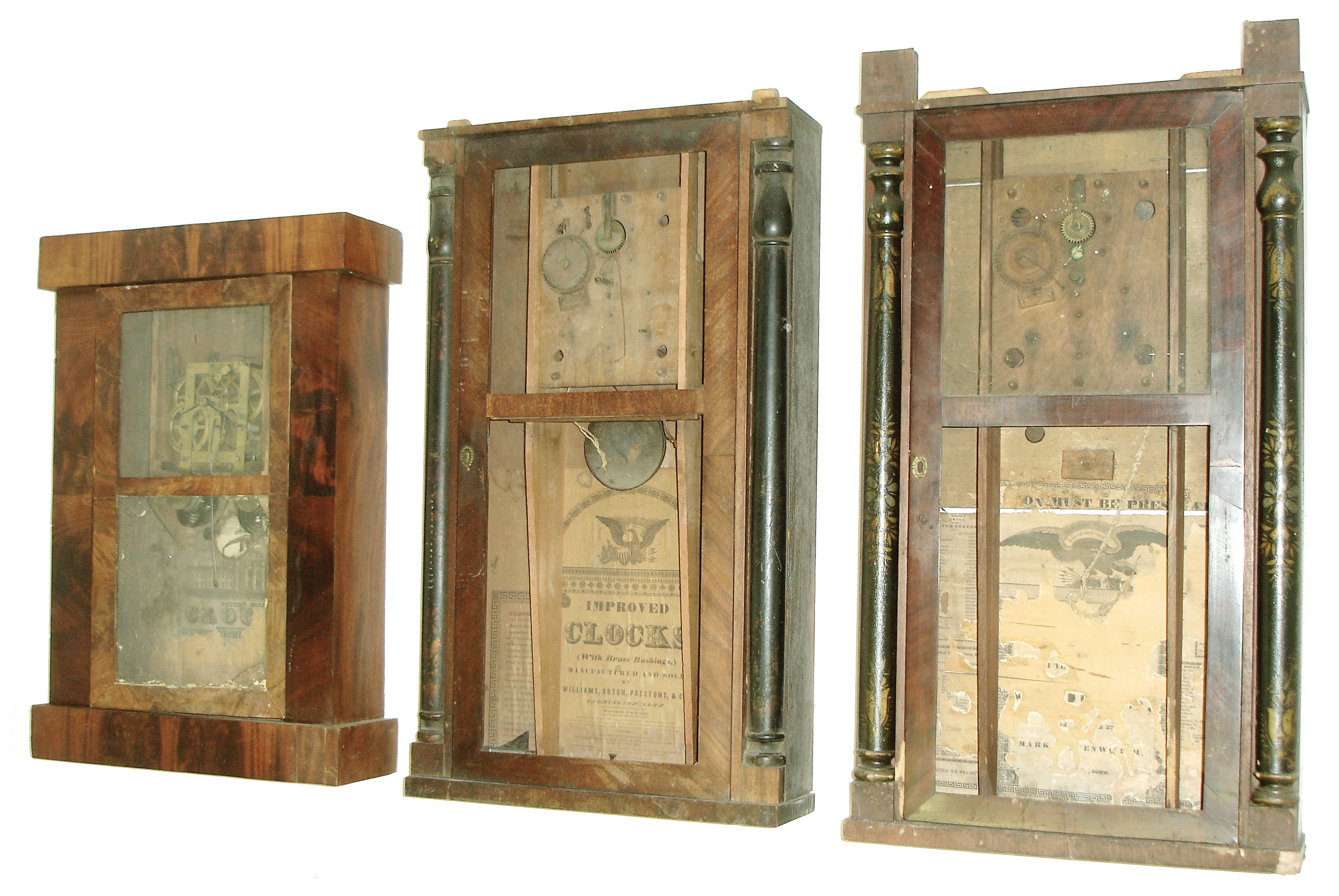 Clocks- 6 (Six): (1) Henry Terry, Plymouth, Conn., 30 hours, time and strike, weight wood movement quarter column & splat shelf clock, c1830, (2) Hamilton Clock Co., Hamilton, Ontario, Canada, c1860. (3) Mark Leavenworth, Waterbury, Conn., 30 hours, time and strike, Terry-type weight wood movement half column & splat shelf clock, c134. (4) Horace Burr, Dundas, U.C., Canada, 30 hours, time and strike, weight wood movement half column & splat shelf clock, c135. (5) Williams, Orton, PrestonÕs & Co., Farmington, Conn., 30 hours, time and strike, weight wood movement half column & splat shelf clock, c1840. (6) Chauncey Jerome, New Haven, Conn., 30 hours, time and strike, fusee brass movement flat front Empire shelf clock, c1850. — Antique Clocks Price Guide