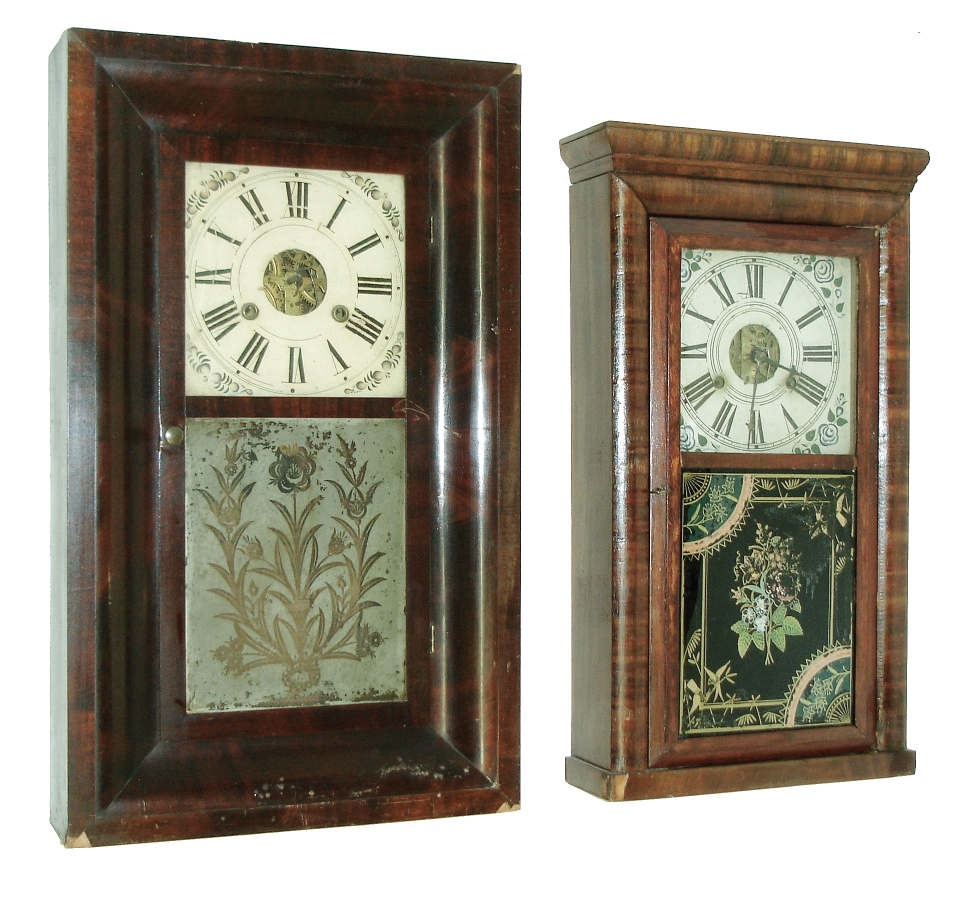 Clocks- 4 (Four): (1) Atkins & Porter, Bristol, Conn., 30 hours, time and strike, weight driven, brass movement empire case shelf clock with cornice molding, c145; (2) Daniel Pratt, Reading, Mass., 30 hours, time & strike, weight driven, column (triangular) and splat shelf clock, dated 1839; (3) Seth Thomas Clock Co., Plymouth Hollow, Conn., 30 hours, time and strike, weight driven, OG shelf clock. ca 1850. (4) Unknown, 8 days, weight driven, shelf clock in a rosewood veneered cornice and column case with gilt column caps. ca 1870. — Antique Clocks Price Guide
