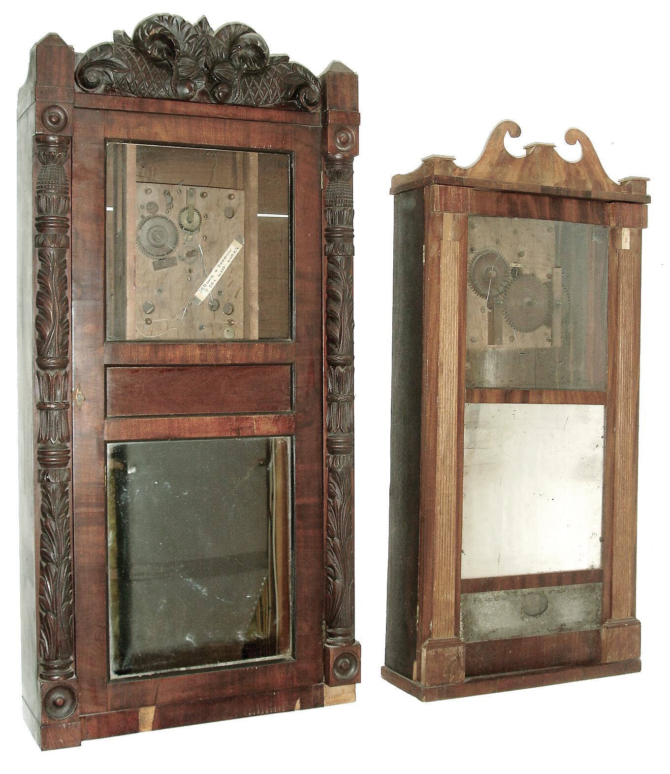 Clocks- 5 (Five): (1) Chauncey Boardman, Bristol, Conn., 30 hours, time and strike, weight wood movement Reeded Pilaster & Scroll top shelf clock, c128. (2) Jeromes & Darrow, Bristol, Conn., time and strike, weight wood movement carved column & splat shelf clock, c1830. (3) Jeromes & Darrow, Bristol, Conn., 8 days, time and strike, weight wood movement half column & splat shelf clock, c1830. (4) C. & L.C. Ives, Bristol, Conn., 8 days, time and strike, weight brass movement triple decker shelf clock, c135. (5) Munger & Benedict (?), Auburn, NY empty case, c135. — Antique Clocks Price Guide