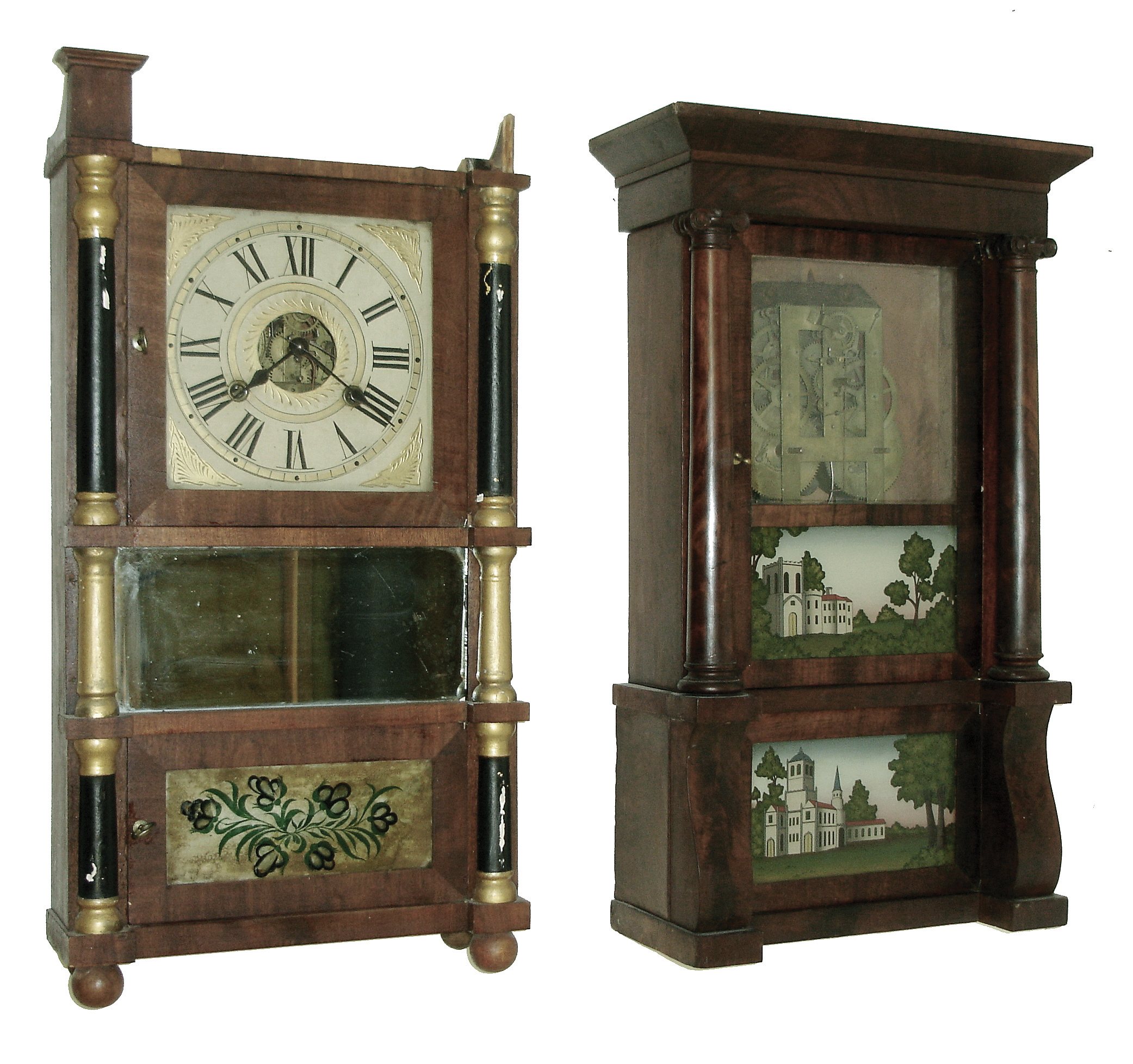 Clocks- 2 (Two): (1) Brewster & Ingrahams, Bristol, Conn., 8 days, time and strike, brass movement (KirkÕs Patent} in diminutive mahogany veneer cornice & full column shelf case, ca 1845, (2) Birge, Mallory & Co., Bristol, Conn., 30 hours, time and strike, strap brass movement in a miniature triple decker mahogany veneer case with gilt caps and columns, ca 1842. — Antique Clocks Price Guide