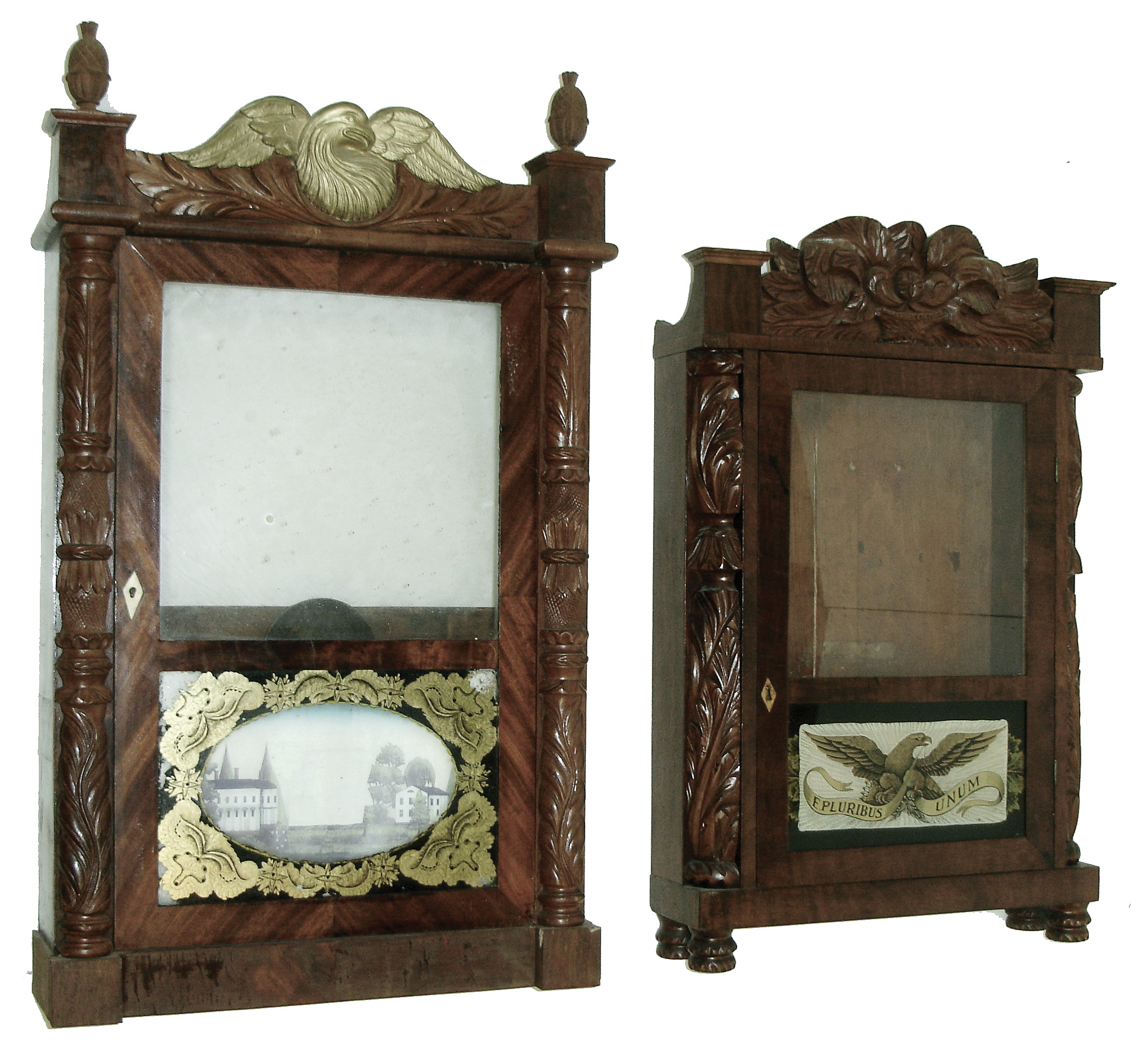 Clocks- 5 (Five): (1) Daniel Pratt, Reading, Mass., 30 hours, time and strike, weight wood movement shelf clock, c1839 (2) Riley Whiting, Winchester, Conn., 30 hours, time and strike, weight wood movement empty shelf clock case, c1830. (3) E. Terry & Sons, Plymouth, Conn., 30 hours, time and strike, weight wood movement empty shelf clock case, c1830. (4) Bishop & Bradley, Watertown, Conn., Carved column & splat empty shelf clock case, c1830.(5) Unknown, Carved column and splat empty shelf clock, c1830. — Antique Clocks Price Guide