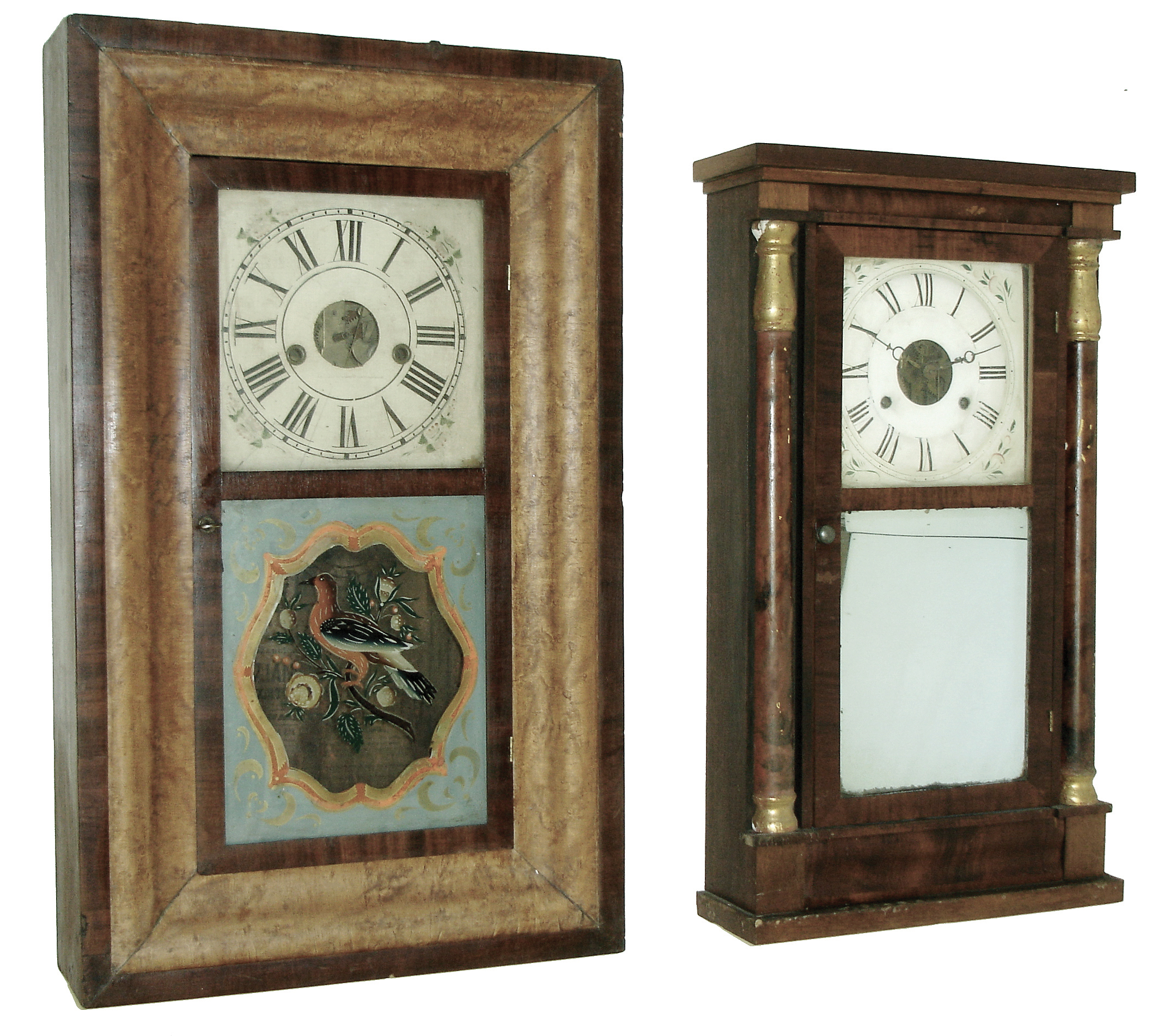 Clocks- 4 (Four): (1) Atkins, Porter & Co., Bristol, Conn., 30 hours, time and strike, weight driven, brass movement in a reverse OG case with cornice molding in rosewood veneer, c144, (2) William S. Johnson, 16 Courtlandt St., New York, 8 days, time and strike, weight driven, brass movement by Forestville Mfg. Co., (Bristol) in an OG case with mahogany and birds eye maple veneer, c146. (3) Seth Thomas Clock Co., Plymouth Hollow, Conn., mahogany ÒShell columnÓ model, 30 hours, time and strike, weight driven, brass movement with faux tortise shell half columns with gilt caps, c1855. (4) Unknown (possibly Jerome) round sided case with an Atkins and Porter, 30 hours, time and strike, weight driven, brass movement, — Antique Clocks Price Guide