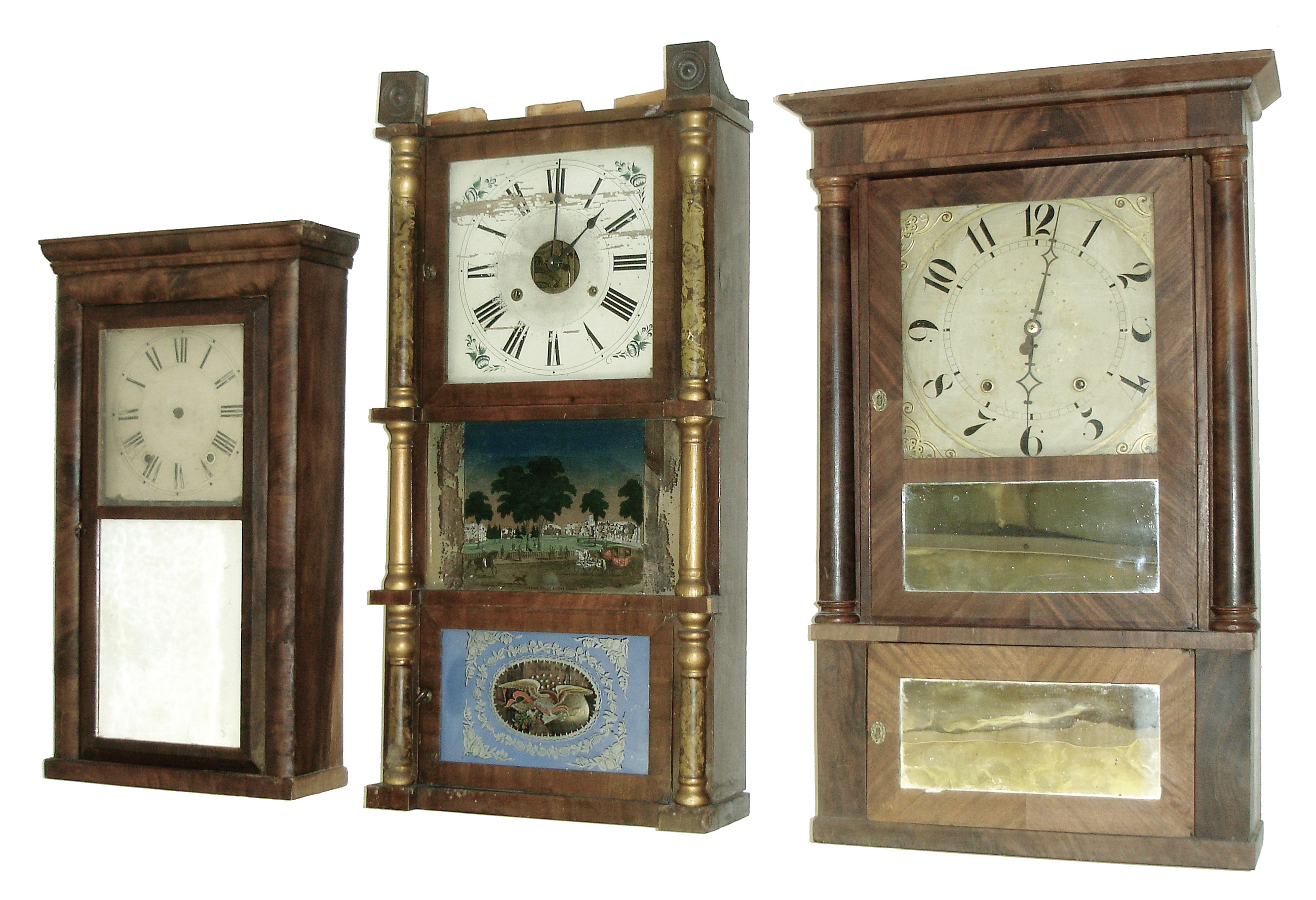 Clocks- 5 (Five): (1) L. & F. Andrews, Bristol, Conn., 30 hours, time and strike, weight wood movement Empire shelf clock, c145. (2) Birge & Fuller, Bristol, Conn., 8 days, time and strike, weight brass movement triple decker shelf clock, c1840. (3) Riley Whiting, Winchester, Conn., 8 days, time and strike, weight wood movement triple decker shelf clock, c135. (4) Williams, Orton, PrestonÕs & Co., Farmington, Conn., 30 hours, time and strike, weight wood movement column and cornice shelf clock, c1840. (5) Unknown, carved column and splat empty clock case. — Antique Clocks Price Guide