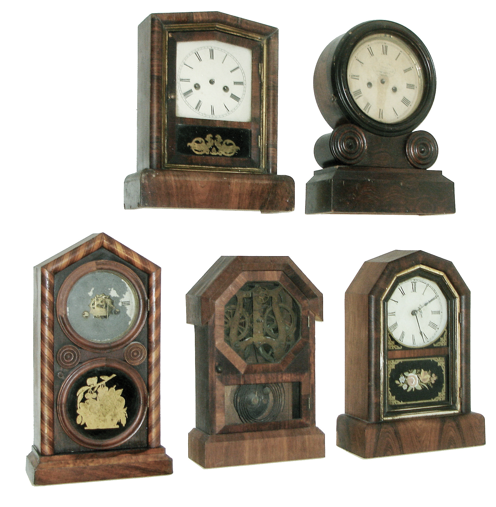 Clocks- 5 (Five) (1) E. Ingraham & Co., Bristol, Conn., ÒGrecianÓ, 30 hours, time & strike, spring driven, brass movement in rosewood veneered case. c1875; (2) E. Ingraham & Co., Bristol, Conn., ÒMosaic Front DoricÓ, 30 hours, time & strike, spring driven, brass movement in a rosewood and maple case with striped banding, c1875. (3) Welch, Spring & Co., Forestville, Conn., ÒPeerlessÓ, 30 hours, time & strike, spring driven, brass movement in a rosewood veneered case. Ca 1875. (4) New Haven Clock Co., New Haven, Conn., ÒOctagon PrizeÓ, 8 days, time and strike, spring driven, brass movement in a rosewood veneered case, c1878. (5) Seth Thomas Clock Co., Thomaston, Conn., ÒOctagon TopÓ, 8 days, spring driven, time and strike, brass movement in a rosewood veneered case. Ca 1875. — Antique Clocks Price Guide