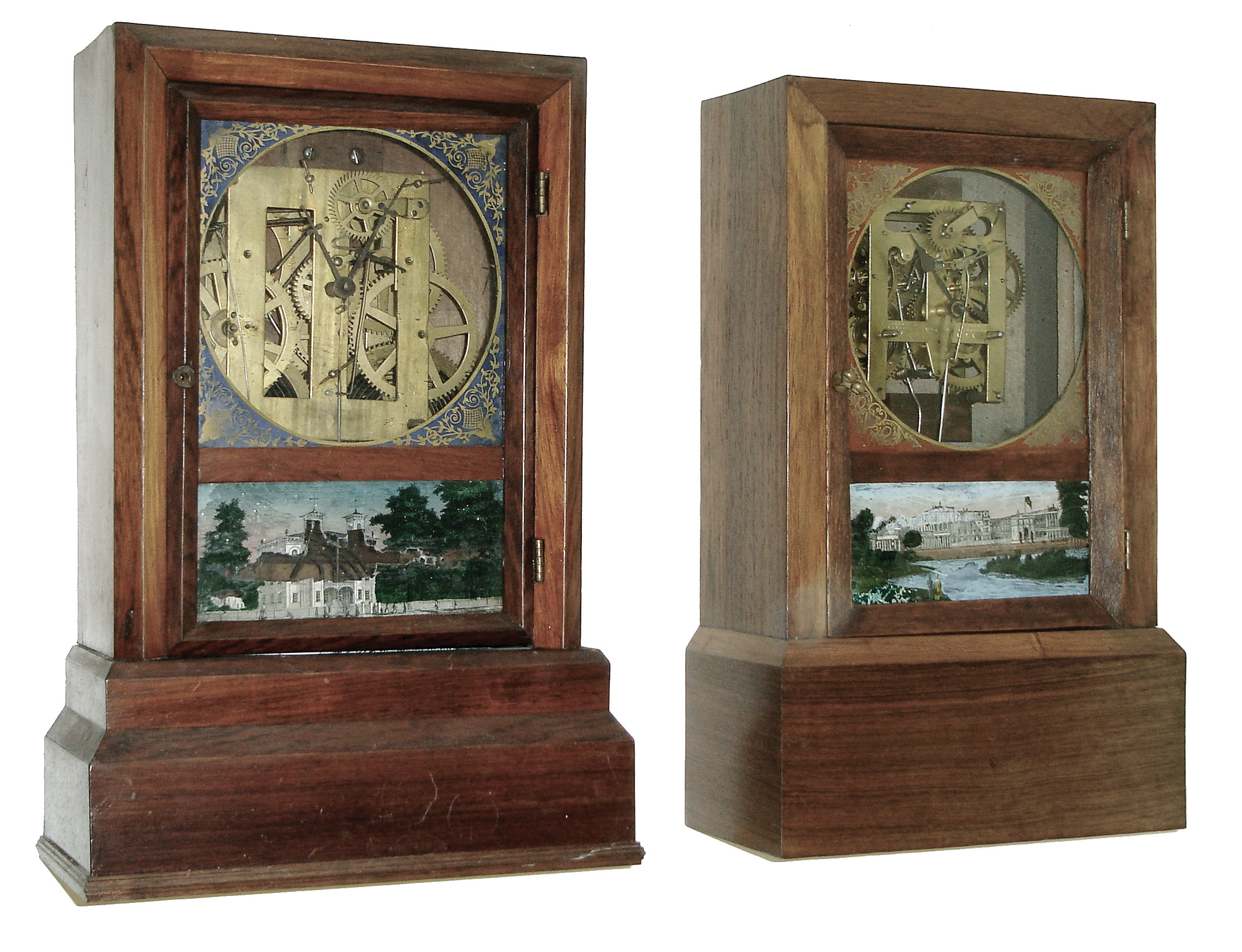 Clocks- 2 (Two): (1) Upson Brothers, Marion, Conn., 8 days, spring driven, time and strike, unmarked brass movement in a rosewood veneered cottage style case. Ca 1855. (2) Upson Brothers, Marion, Conn., 30 hours, spring driven, time and strike, brass movement in a rosewood veneered cottage style case. Ca 1855. — Antique Clocks Price Guide