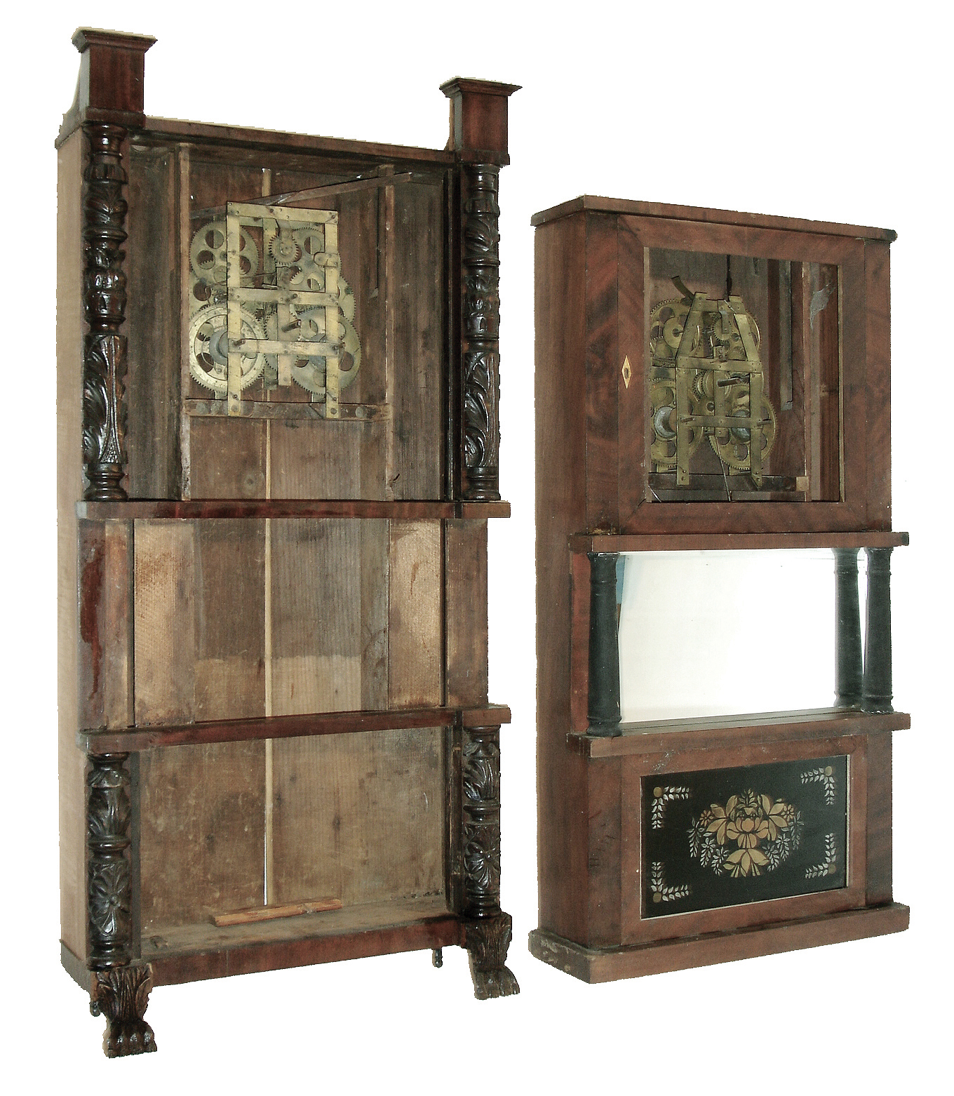 Clocks- 4 (Four): (1) Unknown (probabably an early Birge firm) 8 days, time and strike, rivited strap, rolling pinion weight-driven brass movement triple decker shelf clock with carved columns and paw feet, c1830. (2) C. & L.C. Ives, Bristol, Conn., 8 days, time and strike, rivited strap, rolling pinion, weight-driven brass movement triple decker shelf clock, c135.(3) Unknown, four column OG style New York style empty clock case, c145. (4) Birge & Fuller, Bristol, Conn., 8 days, time and strike, later strap brass, rolling pinion, weight-driven brass movement column & cornice shelf clock, c148. — Antique Clocks Price Guide