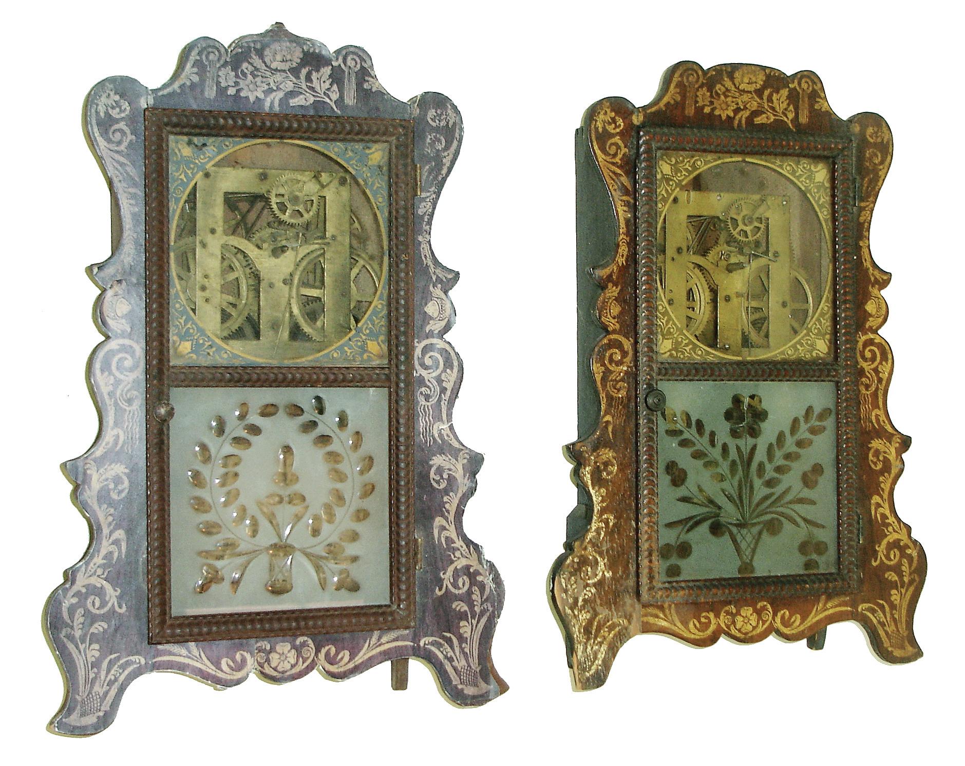 Clocks- 2 (Two): (1) E. & A. Ingraham, Bristol, Conn., 8 days, spring driven, time and strike, brass movement in a stenciled scroll front shelf clock with ripple molding door. c1854, (2). E. & A. Ingraham, Bristol, Conn., 8 days, spring driven, time & strike brass movement in a stenciled scroll front shelf clock with ripple molding door. c1854. — Antique Clocks Price Guide