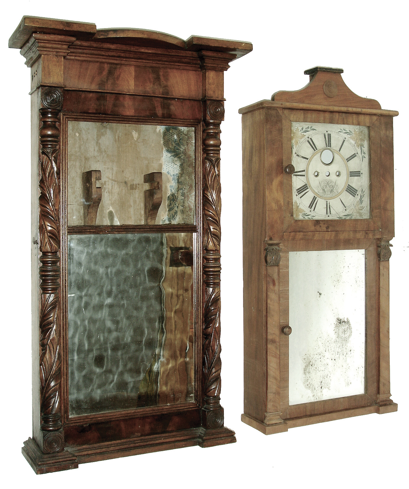 Clocks- 3 (Three): (1) Hotchkiss & Benedict, Auburn, NY, column empty case shelf clock (2) Asa Munger, Auburn, NY, Ironing board top empty shelf clock case. (3) Asa Munger, Auburn, NY, Ironing board top empty shelf clock case. — Antique Clocks Price Guide