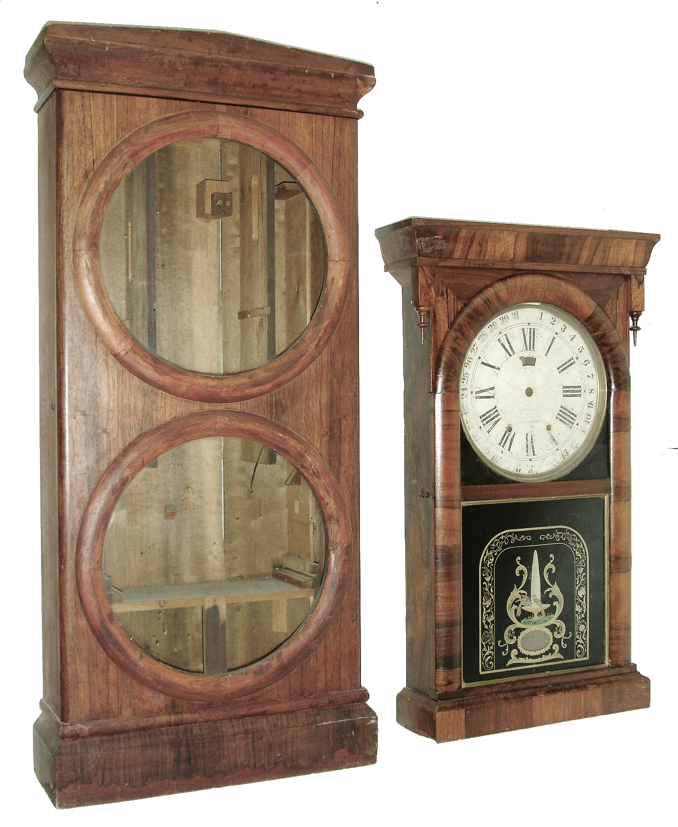 Clocks- 5 (Five): (1) Ansonia Brass & Copper Co., Ansonia, Conn. 8 days, time and strike, weight brass calendar movement shelf clock, c1870; (2) Seth Thomas, Thomaston, Conn., ÒOffice Calendar No. 2Ó empty case double dial calendar clock, c1870; (3) New Haven Clock, New Haven, Conn., 8 days, time and strike, small column & cornice shelf clock, c1860. (4) Brewster & Ingrahams, Bristol, Conn., 8 days, time and strike, small column & cornice shelf clock, c152. (5) Ansonia Clock Co., Ansonia, Conn., 8 days, time and strike, mahogany veneered case small OG shelf clock, c1875 — Antique Clocks Price Guide