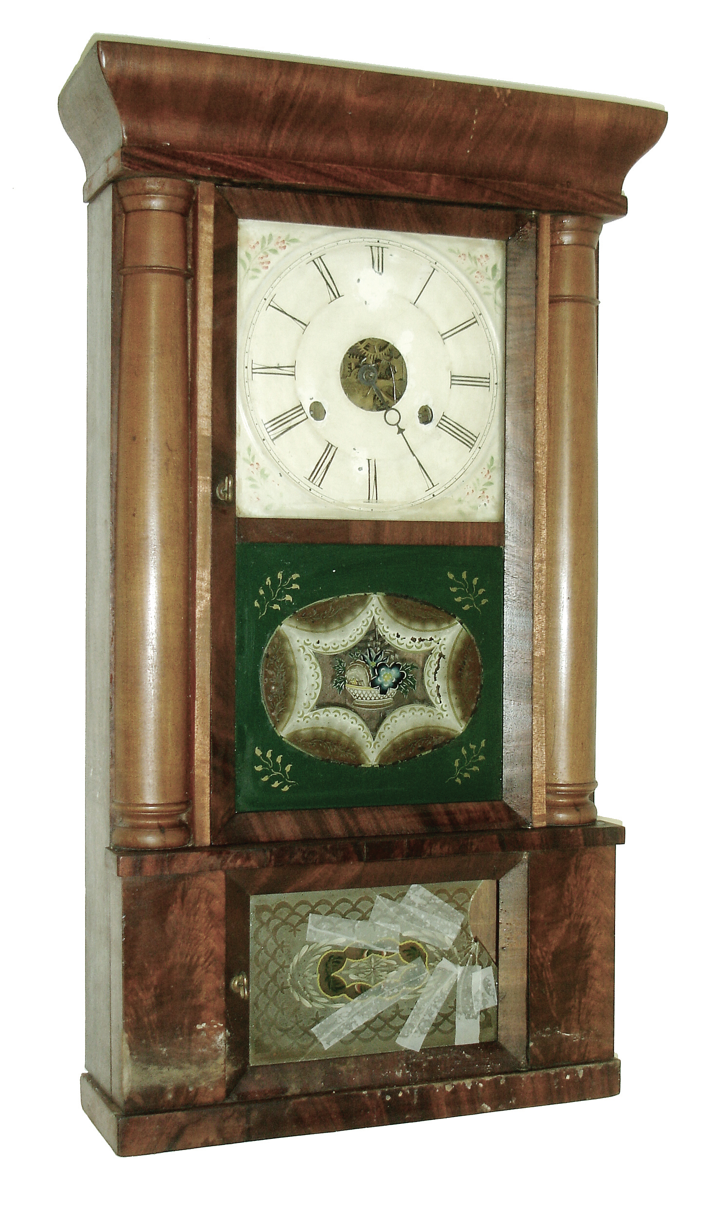 Clocks- 5 (Five) American shelf clocks: (1) Chauncey Jerome, New Haven, Conn., 30 hours, time and strike, weight brass movement column and cornice shelf clock, c1850; (2) E. N. Welch, Forestville, Conn., 8 days, time and strike, spring brass movement round gothic or beehive clock, c1860; (3) Seth Thomas Clock Co., Thomaston, Conn., ÓCambridgeÒ, 8 days, time and strike, brass spring movement pillar & scroll shelf clock, c1928; (4) Hiram Welton, Terrysville, Plymouth, Conn., scarce 30 hours, alarm timepiece in diminutive half column & splat shelf case, c1840; (5) George V. House, 107 Fulton St., New York, N.Y., ÓNY Style 4 ColumnÒ, shelf clock, 30 hours, time and strike, weight driven movement, rosewood veneer case, c1845 — Antique Clocks Price Guide