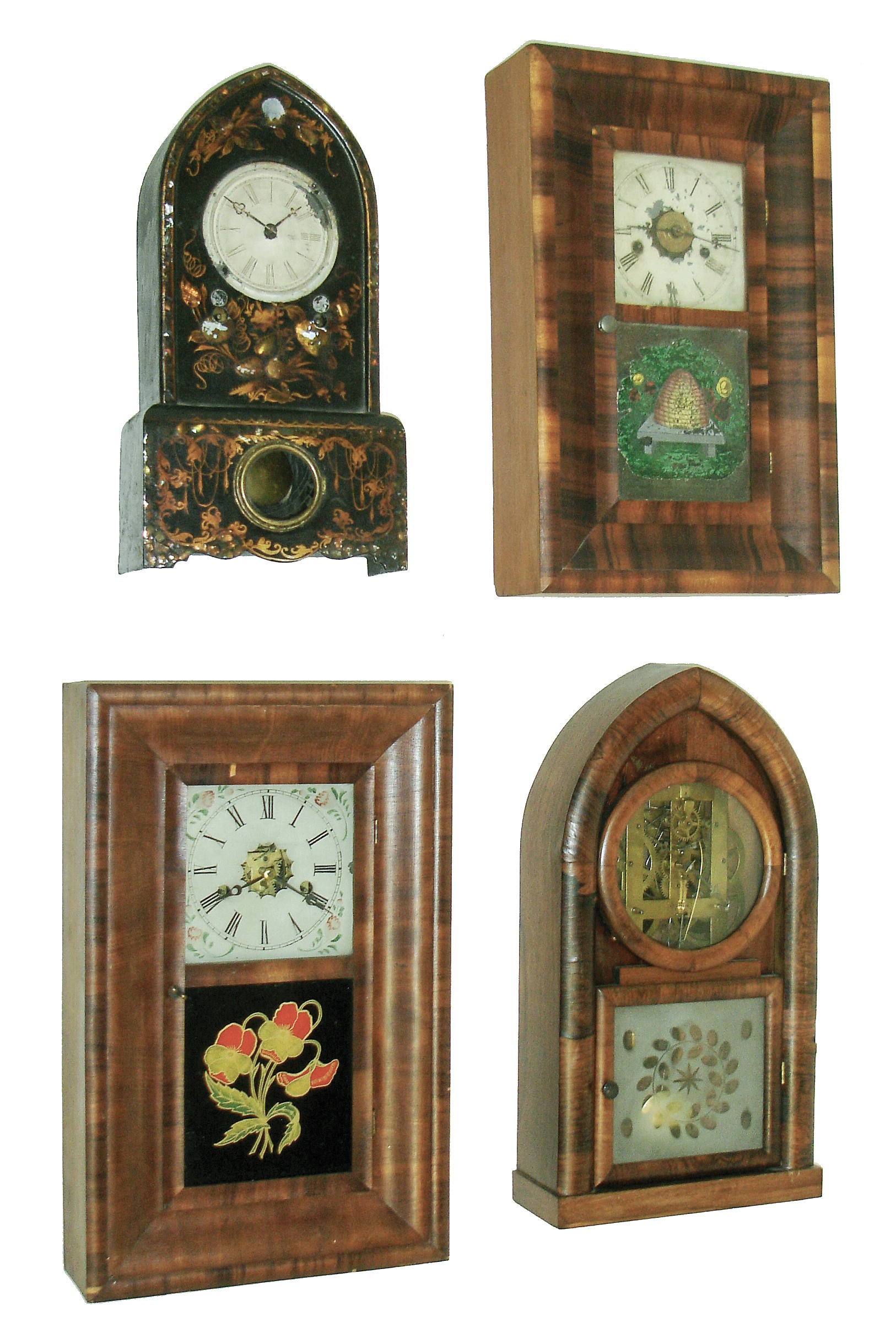 Clocks- 4 (Four): (1) New Haven Clock Co., New Haven, CT ÒMiniature O. O. G.Ó with spring driven, 30 hours, time & strike brass movement in a mahogany case. c1870. (2) E. N. Welch, Forestville, Conn., ÒMiniature O. O. G.Ó with spring driven, 30 hours, time & strike brass movement in a mahogany case, c1870. (3) J. C. Brown, Bristol, Conn., ÒBeehiveÓ with spring driven, 8 days, time & strike movement in a rosewood veneered case. c1855. (4) Unknown iron case shelf clock with unmarked, 8 days, spring driven, brass time & strike movement. c1850. — Antique Clocks Price Guide