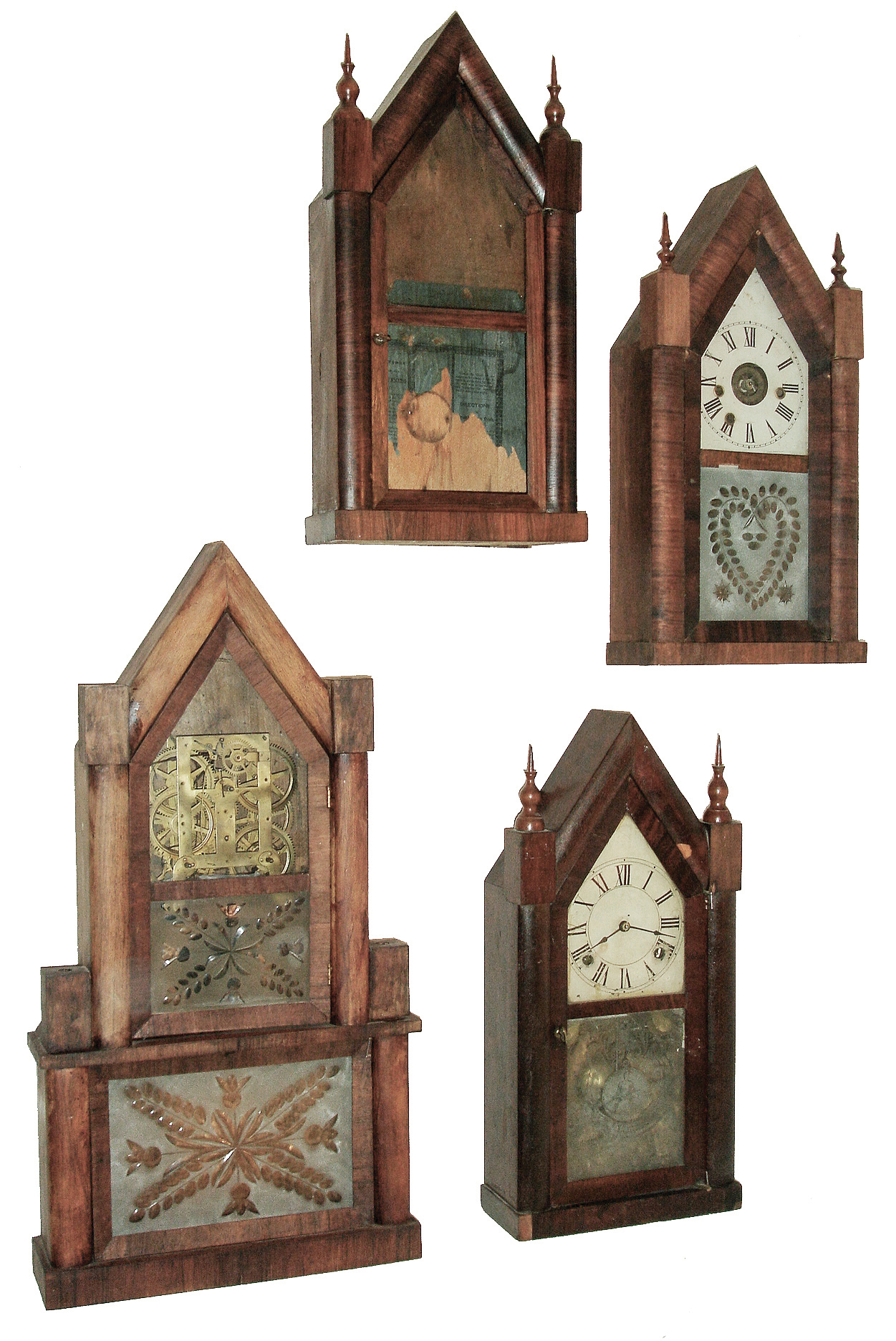 Clocks- 4 (Four): (1) Chauncey Boardman, Bristol, Conn., 30 hours, time and strike, spring brass fusee movement Sharp Gothic or Steeple clock, c1850. (2) Unknown, Rosewood veneered Sharp Gothic or Steeple clock case. (3) Brewster & Ingrahams, Bristol, Conn., 30 hours, time, strike and alarm, spring fusee movement Sharp Gothic or Steeple clock. (4) Unknown, 8 days, time and strike, brass movement steeple on steeple case. — Antique Clocks Price Guide