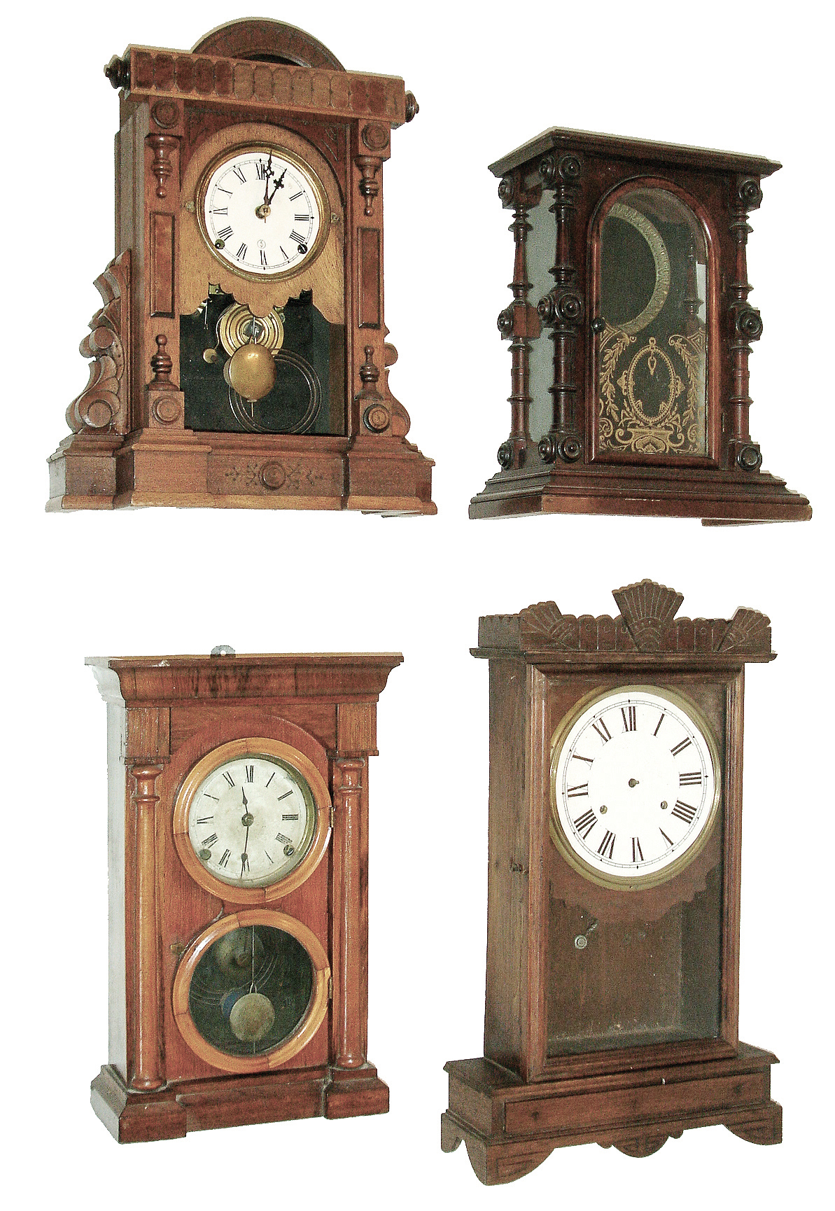 Clocks- 4 (Four): (1) Welch, Spring & Co. Forestville, Conn., ÓGersterÒ, 8 days, shelf clock case (only), c1880 (2) E. Ingraham & Co., Bristol, Conn., ÓArch topÒ, 8 days, time and strike, spring brass movement mantel clock, c1870. (3) Jerome & Co., New Haven, Conn., 8 days, time and strike, spring brass fusee movement shelf clock, c1890 (4) E. Ingraham & Co., Bristol, Conn., ÓWarwickÒ, 8 days, time and strike, spring brass movement mantel clock, c185. — Antique Clocks Price Guide