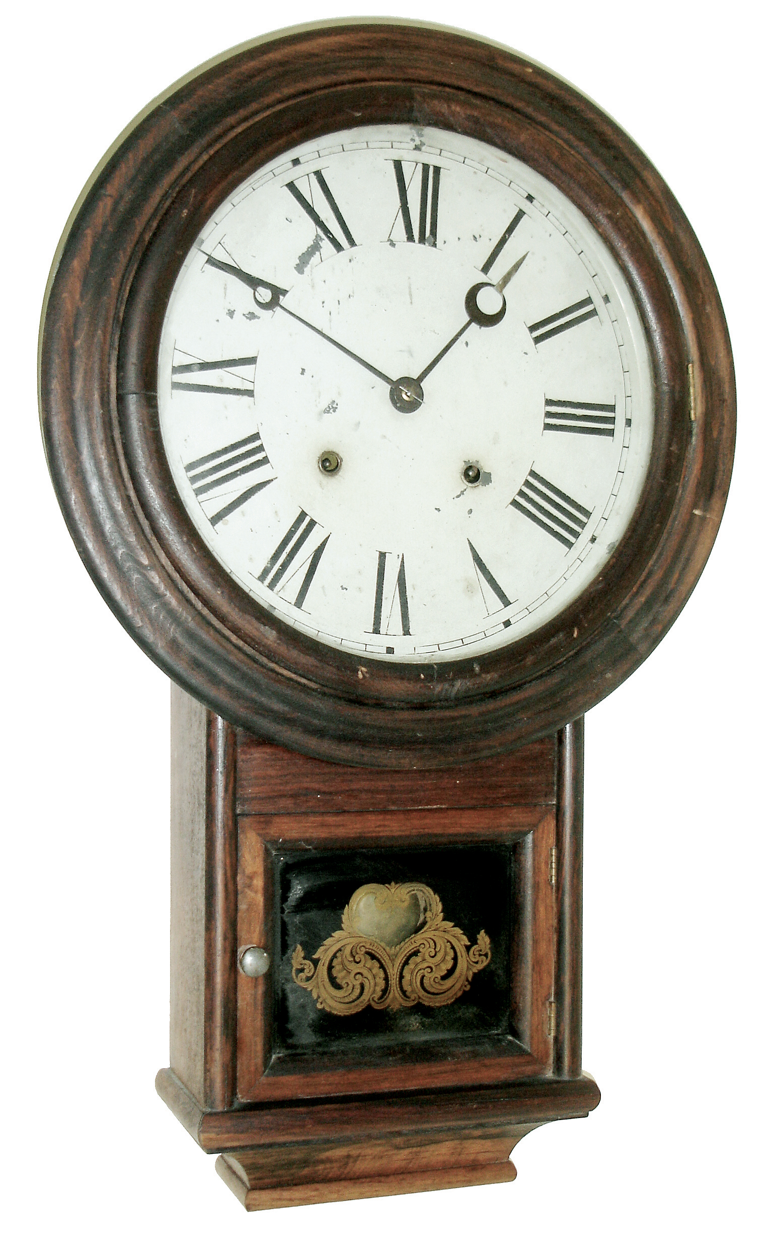 Welch, Spring & Co., Forestville, Conn., ÓRound Top DropÒ, 8 days, spring driven, time and strike, brass movement in a rosewood veneered case. c1869. — Antique Clocks Price Guide
