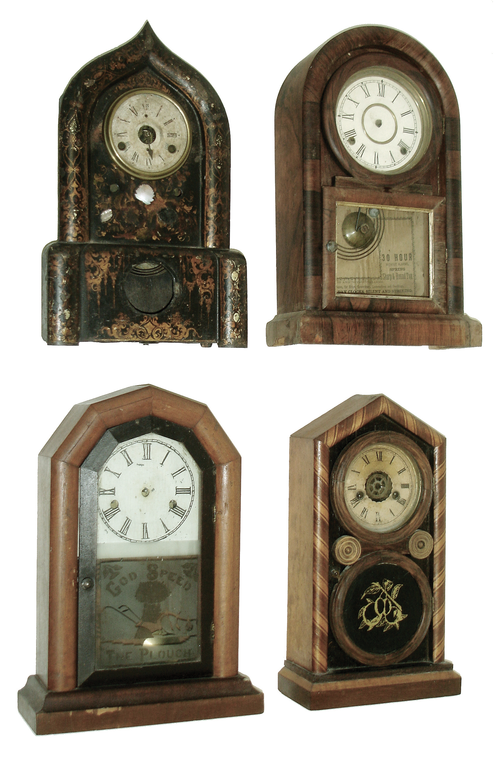 Clocks- 4 (Four): (1) Ansonia Brass & Copper Co., Ansonia, Conn., ÓRoman Round TopÒ, 8 days, spring driven, time & strike brass movement in a rosewood veneered case. c1877. (2) E. Ingraham & Co., Bristol, Conn., ÓDoric, MosaicÒ with 30 hours, time & strike, spring driven, brass movement, c1874. (3) Hamilton Clock Co., Hamilton, Ontario, Octagon Top cottage clock with a, 30 hours, time & strike, spring driven movement, c1900; (4) W. L. Gilbert & Co. Winsted, Conn., ÓIron FrontÒ with spring driven, 8 days, time and strike, movement. c1855. — Antique Clocks Price Guide