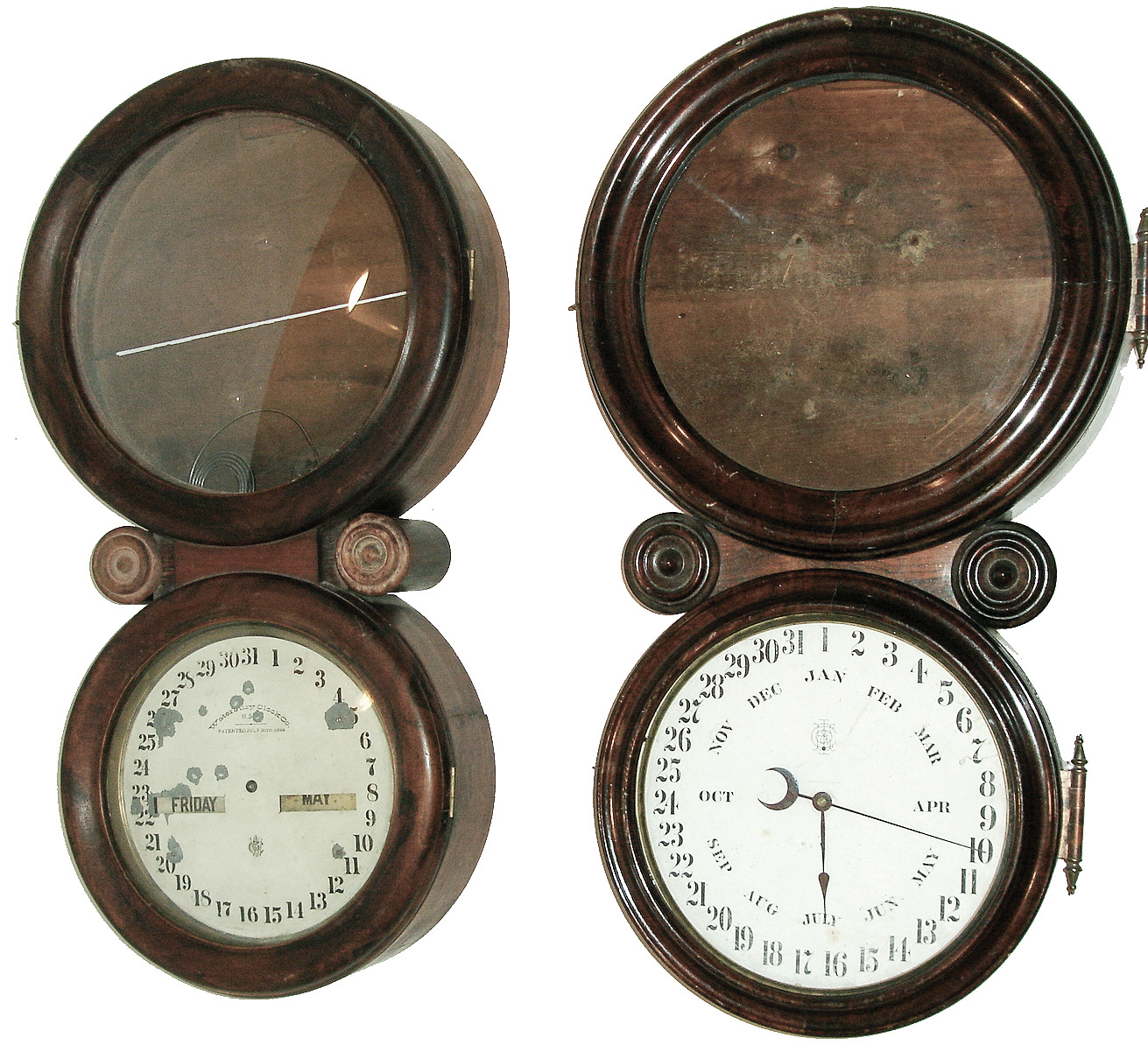Clocks- 2 (Two): (1) Waterbury Clock Co., Waterbury, Conn., ÓCalendar No. 34Ò, 8 days, double dial calendar wall clock case, c1883. (2) E. Ingraham & Co., Bristol, Conn., ÓIonic CalendarÒ, 8 days, double dial calendar wall clock case, c1885. — Antique Clocks Price Guide