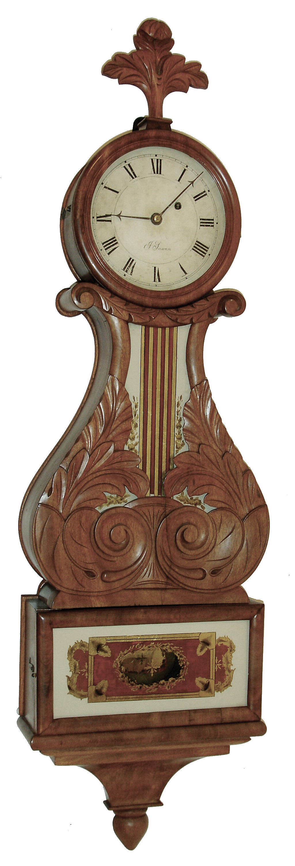 John Sawin, Boston, Mass., ÓLyre BanjoÒ wall clock, 8 days, time only, weight driven movement in a mahogany case with carved foliate throat, Prince of Wales finial and hardwood back board with a painted iron dial signed ÓJ. SawinÒ in script and reverse painted throat and lower tablets, c1820 — Antique Clocks Price Guide