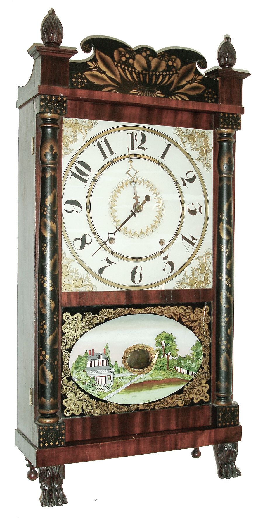 E. & G. W. Bartholomew, Bristol, Conn., 30 hours, time & strike wood movement shelf clock in diminutive mahogany veneered case with paw feet, carved pineapples and stenciled half column & splat, c1835. — Antique Clocks Price Guide