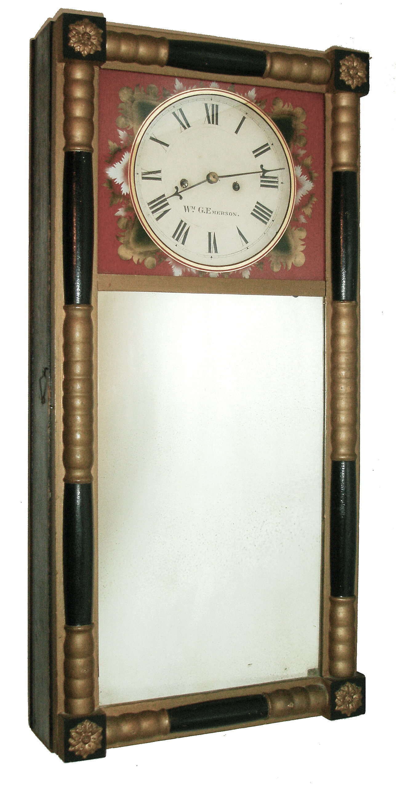 William G. Emerson, Newport, Maine New Hampshire mirror clock with weight driven, 8 days, time and strike, movement, c1830. — Antique Clocks Price Guide