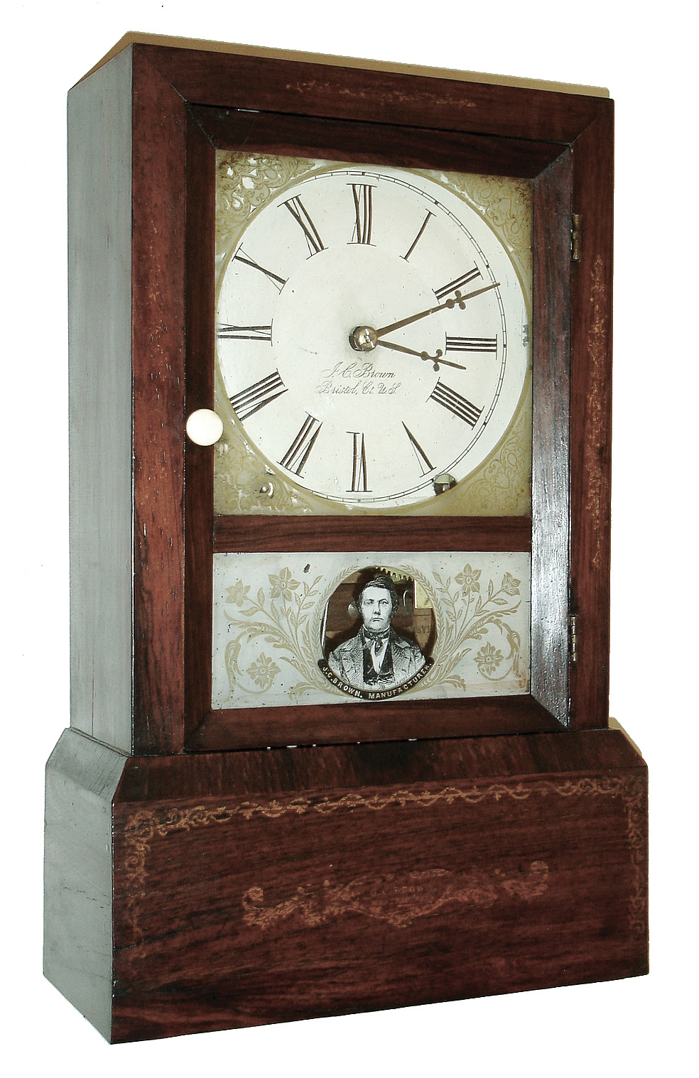 Upson Brothers, Marion, Conn., for JC Brown, Bristol, Conn., 8 days, time and strike, spring brass movement stenciled shelf clock, c1850. The Upson brothers made cases and obtained movements from various sources. — Antique Clocks Price Guide