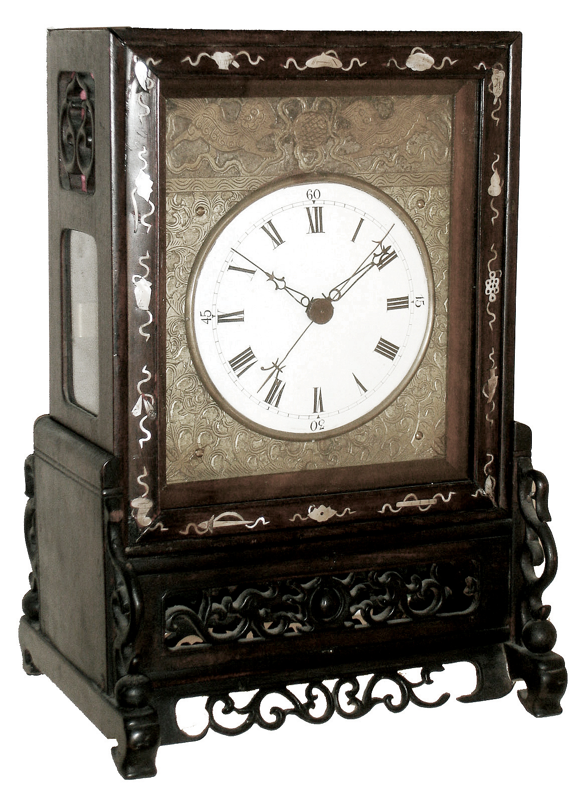 Chinese rosewood, 8 days, time and strike, double fusee bracket clock, case with mother-of-pearl inlay and lower stand, verge and crown wheel escapement, center seconds, possibly 19th century — Antique Clocks Price Guide