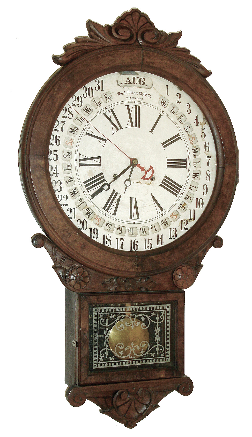 William L. Gilbert Clock Co., Winsted, Conn., ÓOffice Drop CalendarÒ model GilbertÕs revision of the Maranville-style calendar having movable discs for month and days of week. Handsome case with applied carvings and fancy burled walnut veneer. 8 days, time and strike, movement, c1881 — Antique Clocks Price Guide