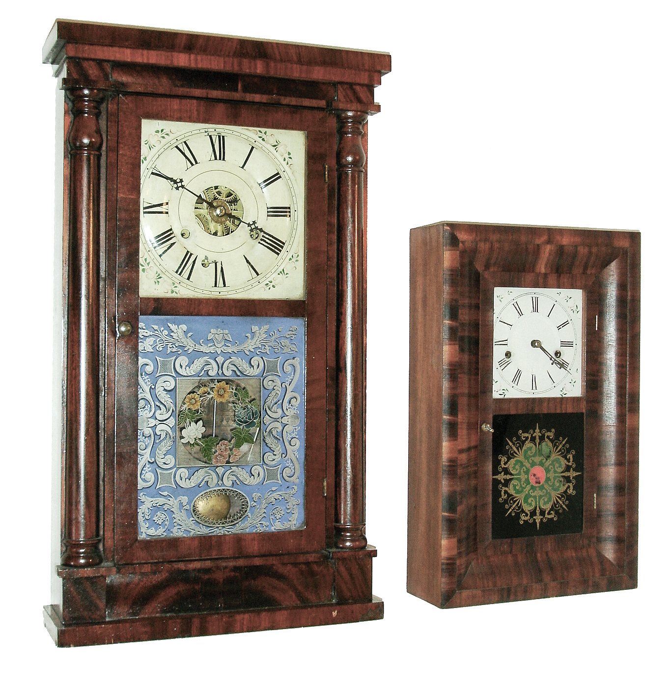 Clocks- 2 (Two): (1) Seth Thomas Clock Co. Plymouth Hollow, CT and retailed by R. W. Patterson & Co., Toronto, Canada West., 30 hours, weight driven, time, strike and alarm movement ÓRose ColumnÒ model in a mahogany case, c1855. (2) Ansonia Brass Co., Ansonia, Conn.ÓOGÒ with spring driven, 30 hours, time and strike, movement in a miniature rosewood veneered OOG case, c1865. — Antique Clocks Price Guide