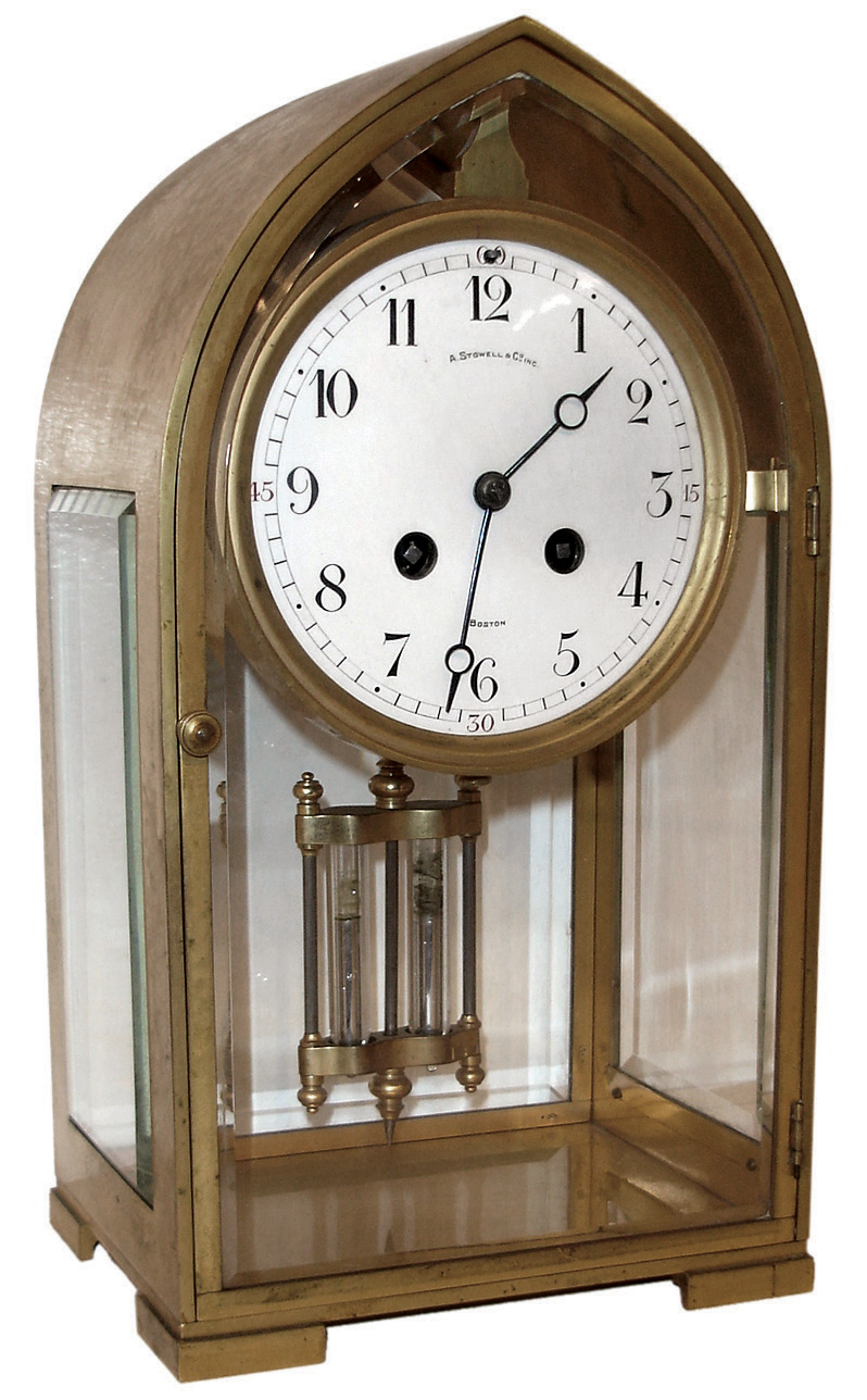 France, Japy Freres, 8 days, time and strike, spring brass movement crystal regulator mantel clock retailed by A. Stowell & Co., Inc., Boston, c1900 — Antique Clocks Price Guide