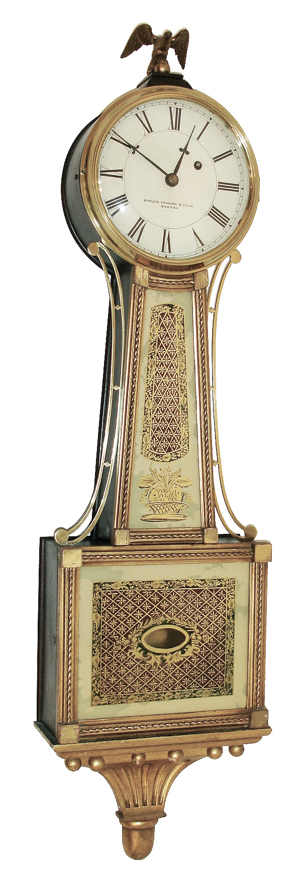 Herschede Clock Co., Cincinnati, OH, 8 days, weight brass movement Patent timepiece of ÒbanjoÓ clock retailed by Bigelow, Kennard & Co., Inc., Boston, c1913 This movement was made by the Derry Mfg. Co., Derry, NH. Herschede purchased the Derry business in 1912. — Antique Clocks Price Guide