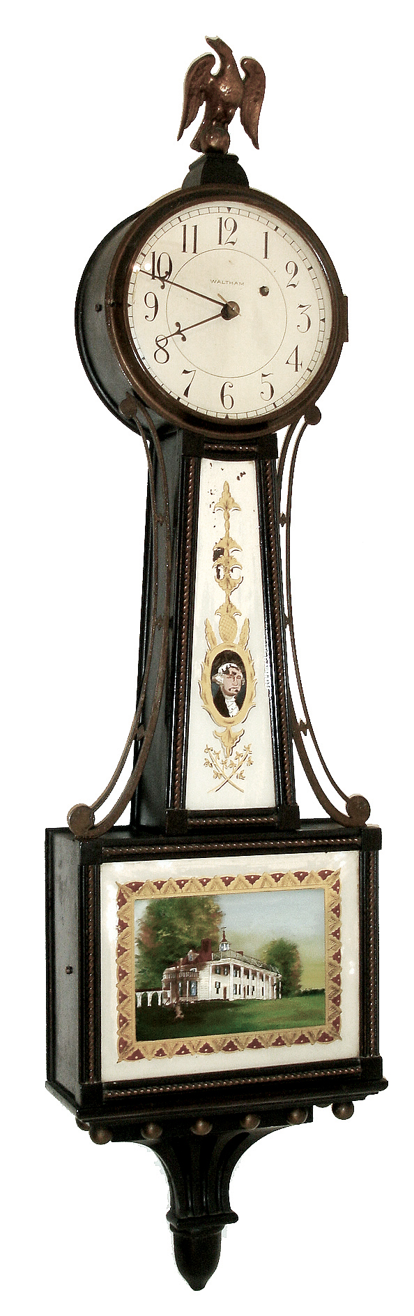 Waltham Watch Co., Waltham, Mass., 8 days, weight brass movement Patent timepiece or ÒbanjoÓ clock, c1930 — Antique Clocks Price Guide
