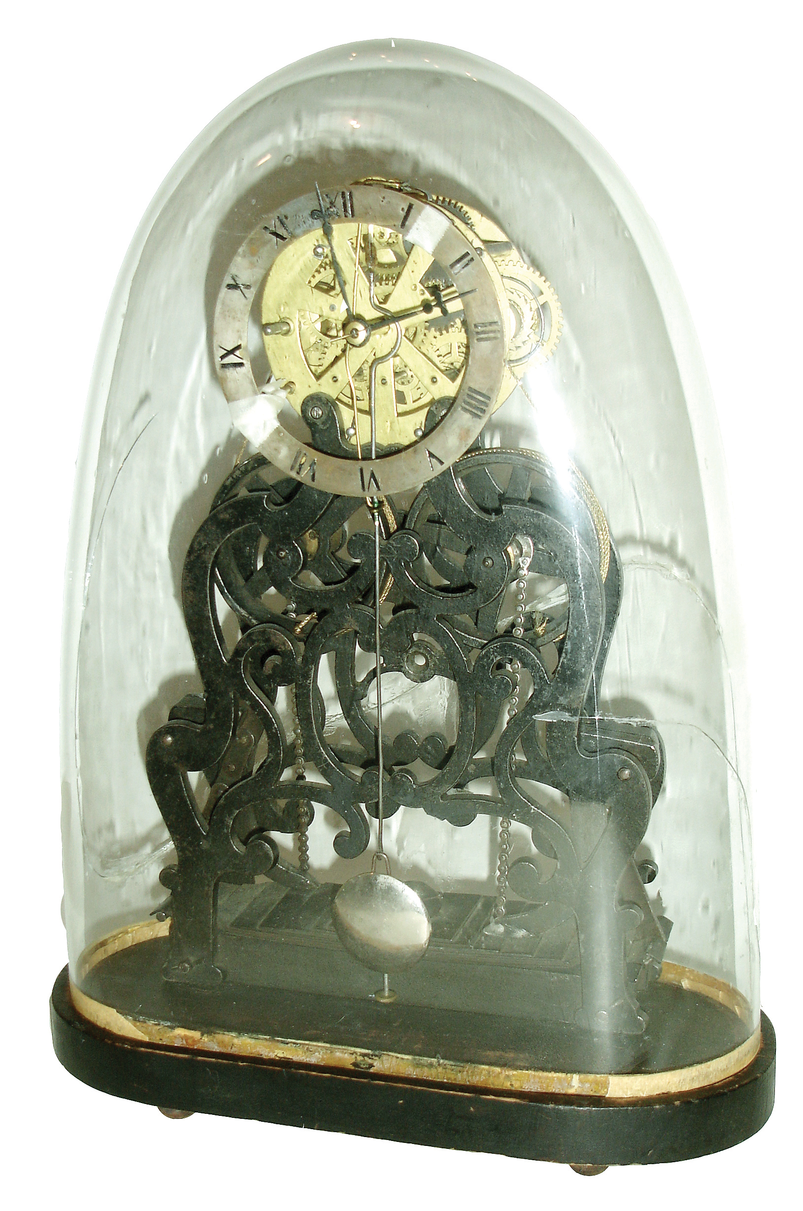American 30-day, time only, ÒskeletonÓ clock, movement by Atkins, Whiting & Co., with Joseph IveÕs wagon spring power plant and mounted to wooden base, under dome, c1853 — Antique Clocks Price Guide